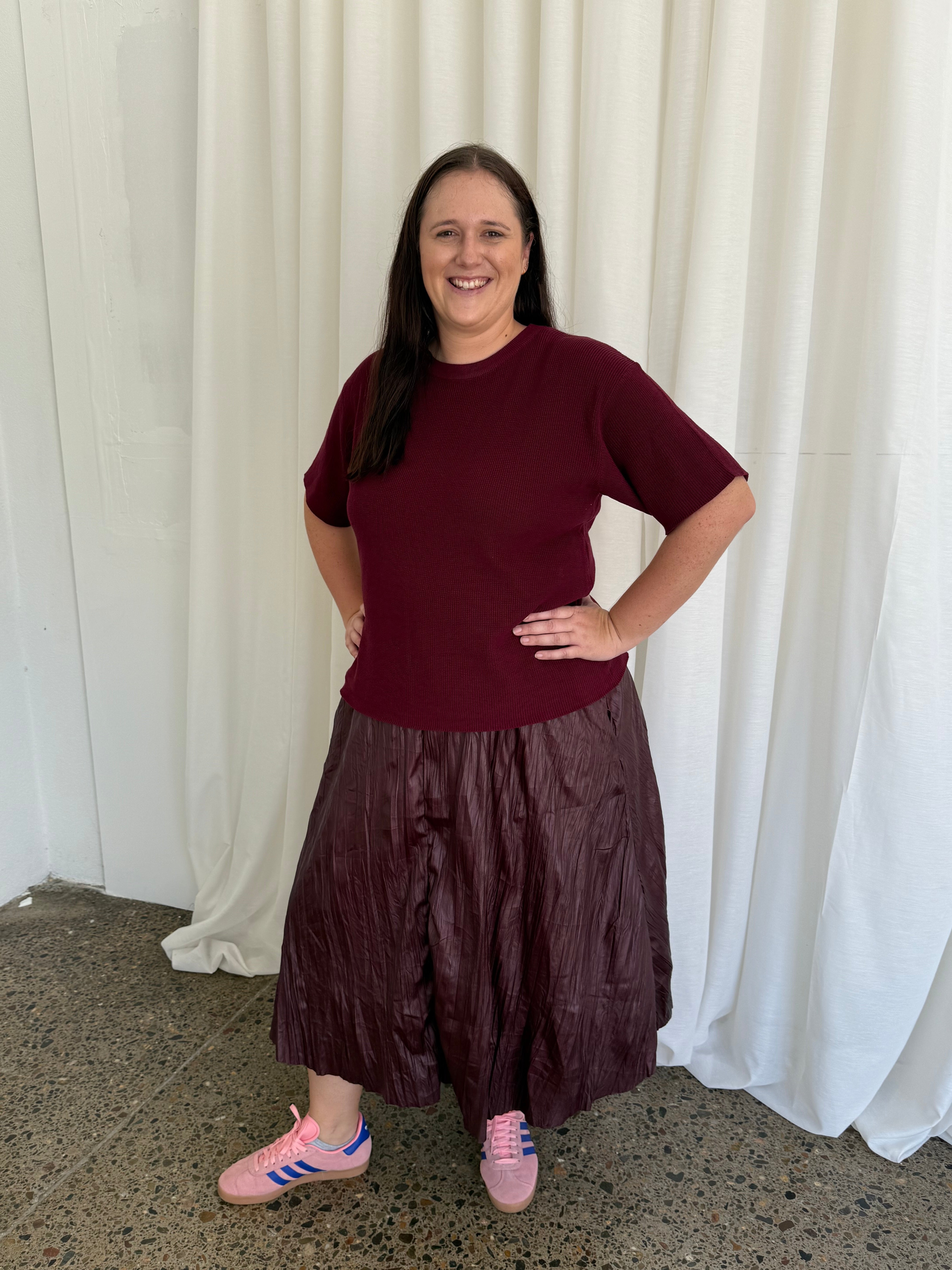 Wet Look Creased Midi Skirt Burgundy
