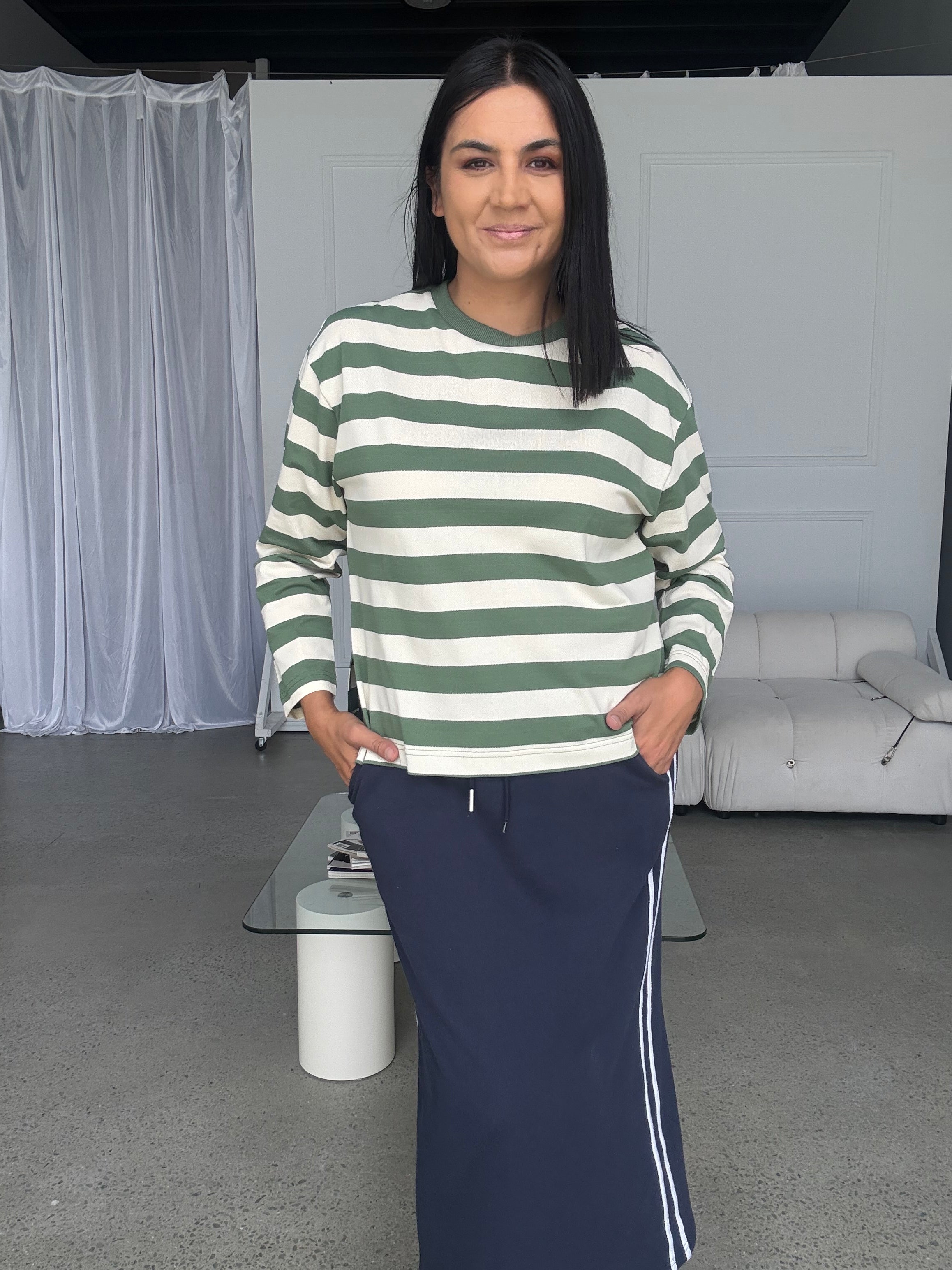 Cassie Long Sleeve Stripe Top Sage/Cream