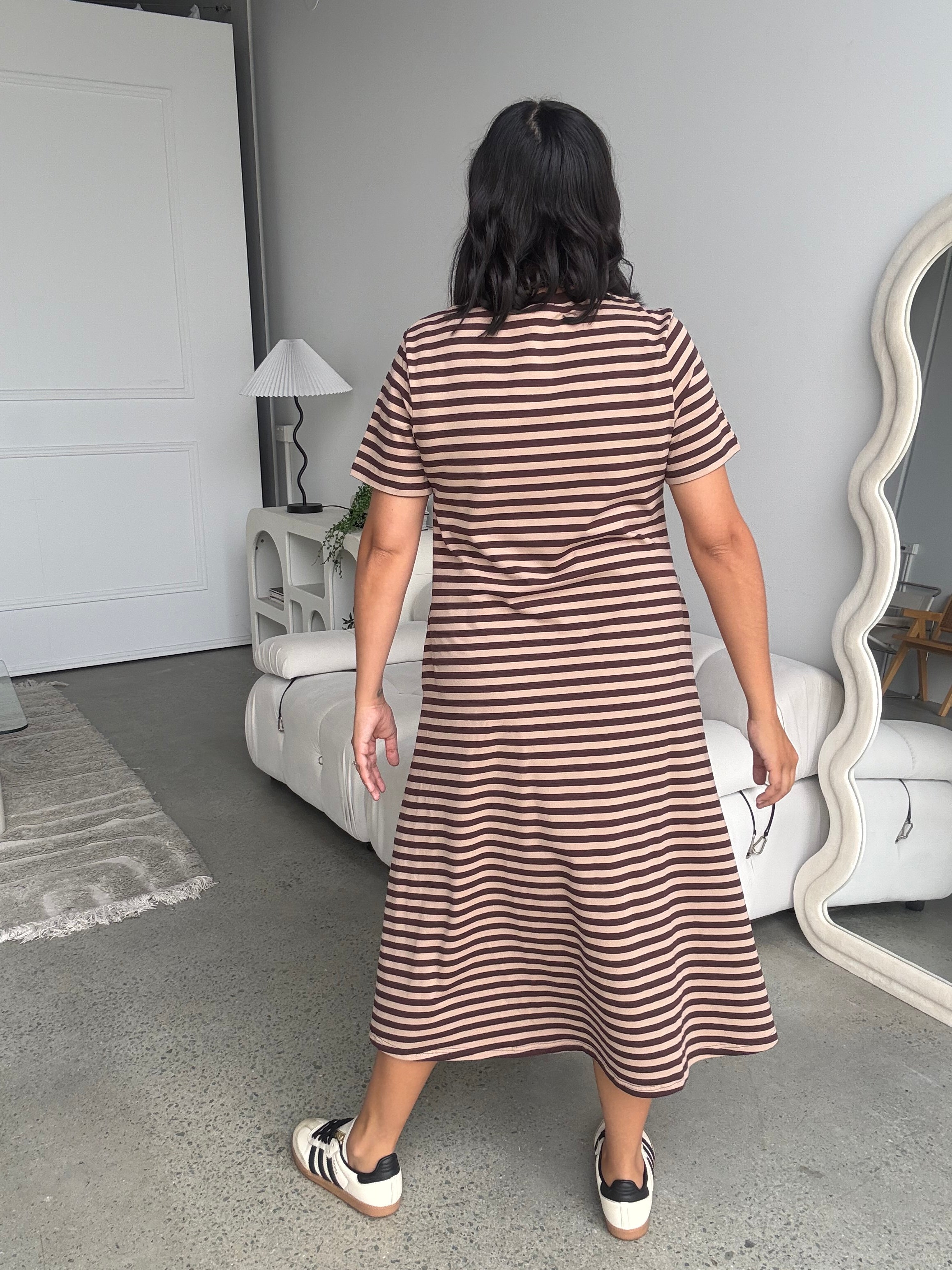 Cotton Jersey Stripe Dress Choc Brown/Beige