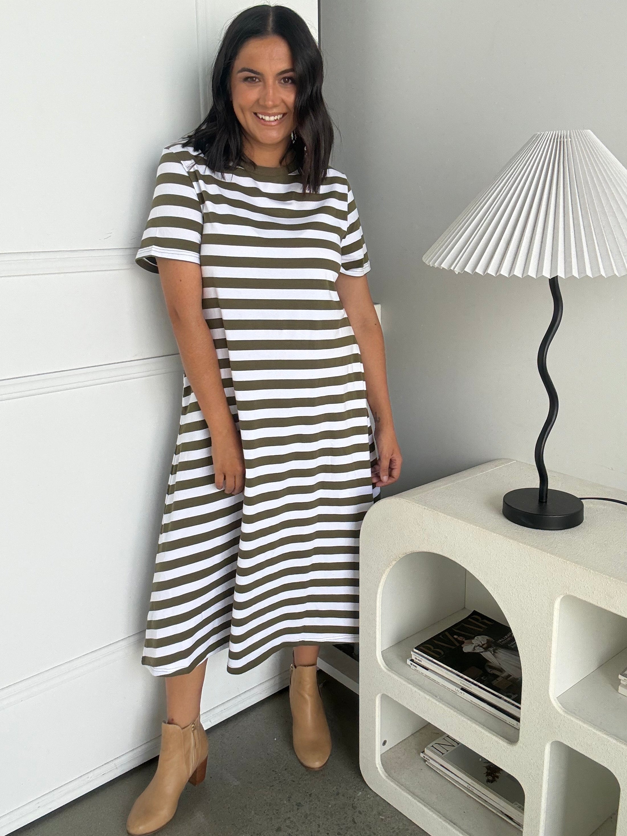 Cotton Jersey Stripe Dress Khaki/White