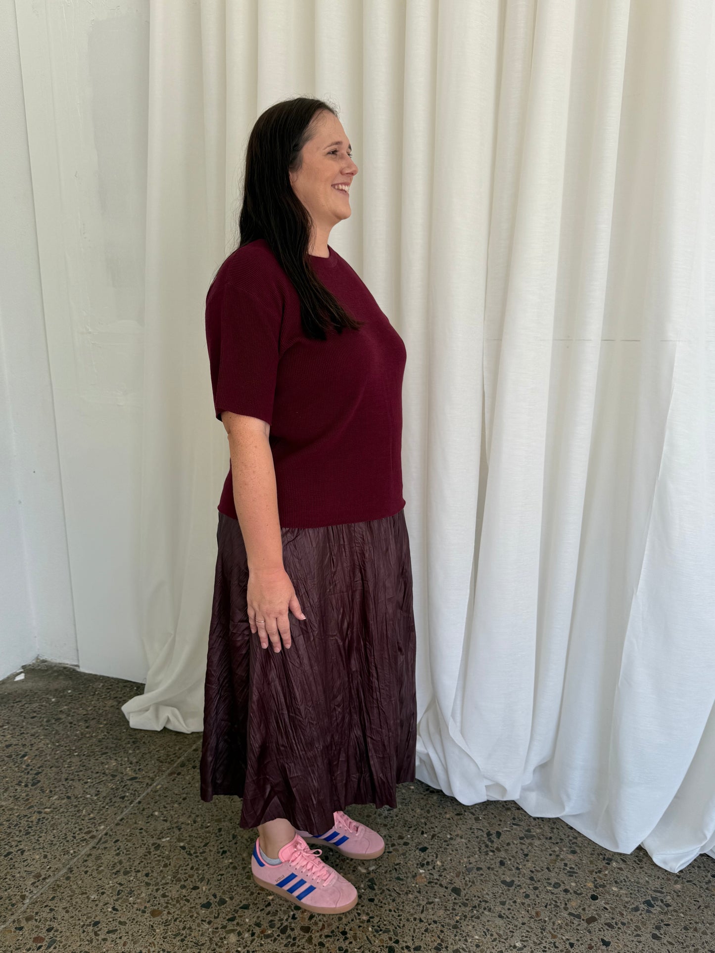 Wet Look Creased Midi Skirt Burgundy
