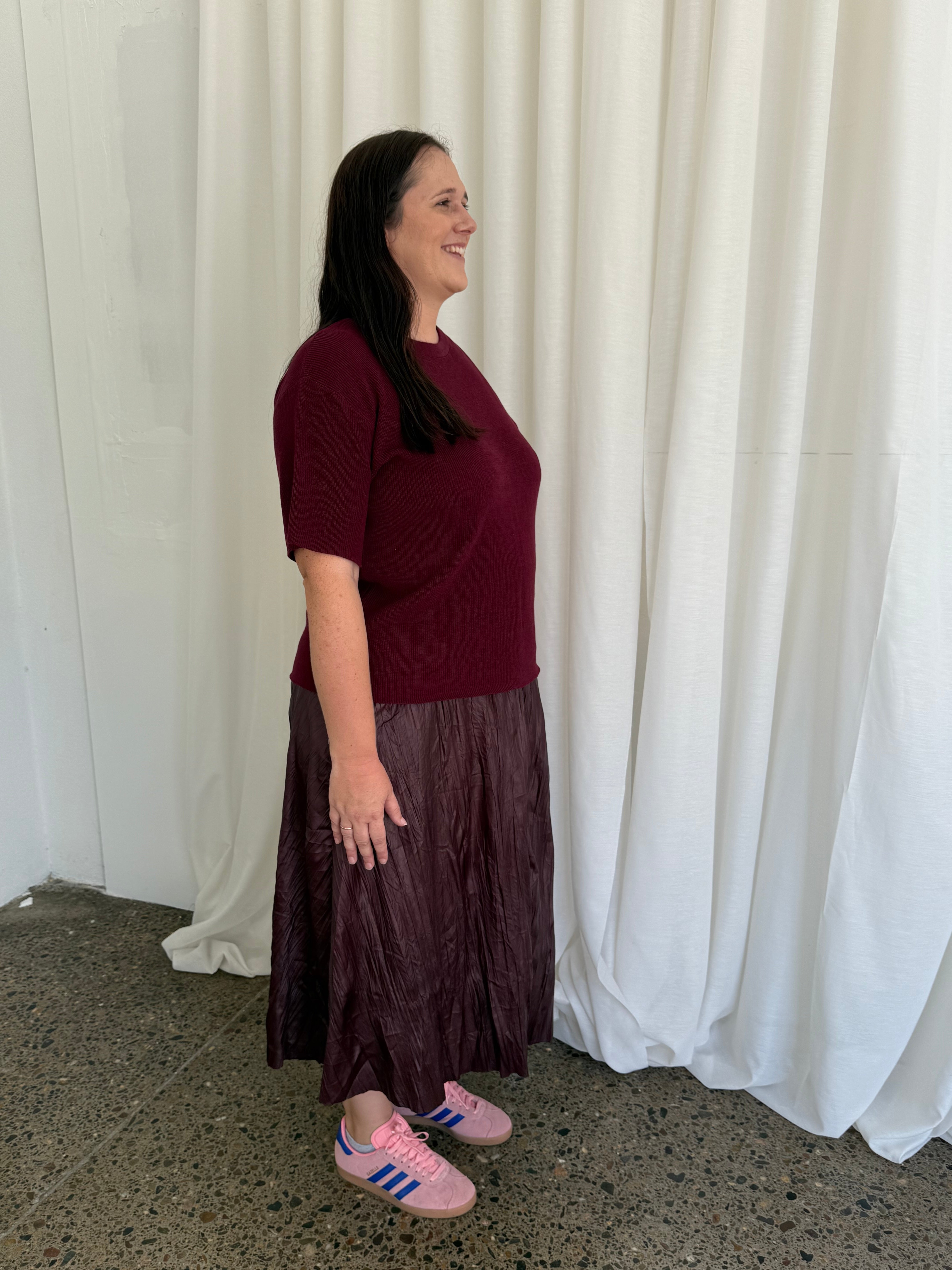 Wet Look Creased Midi Skirt Burgundy