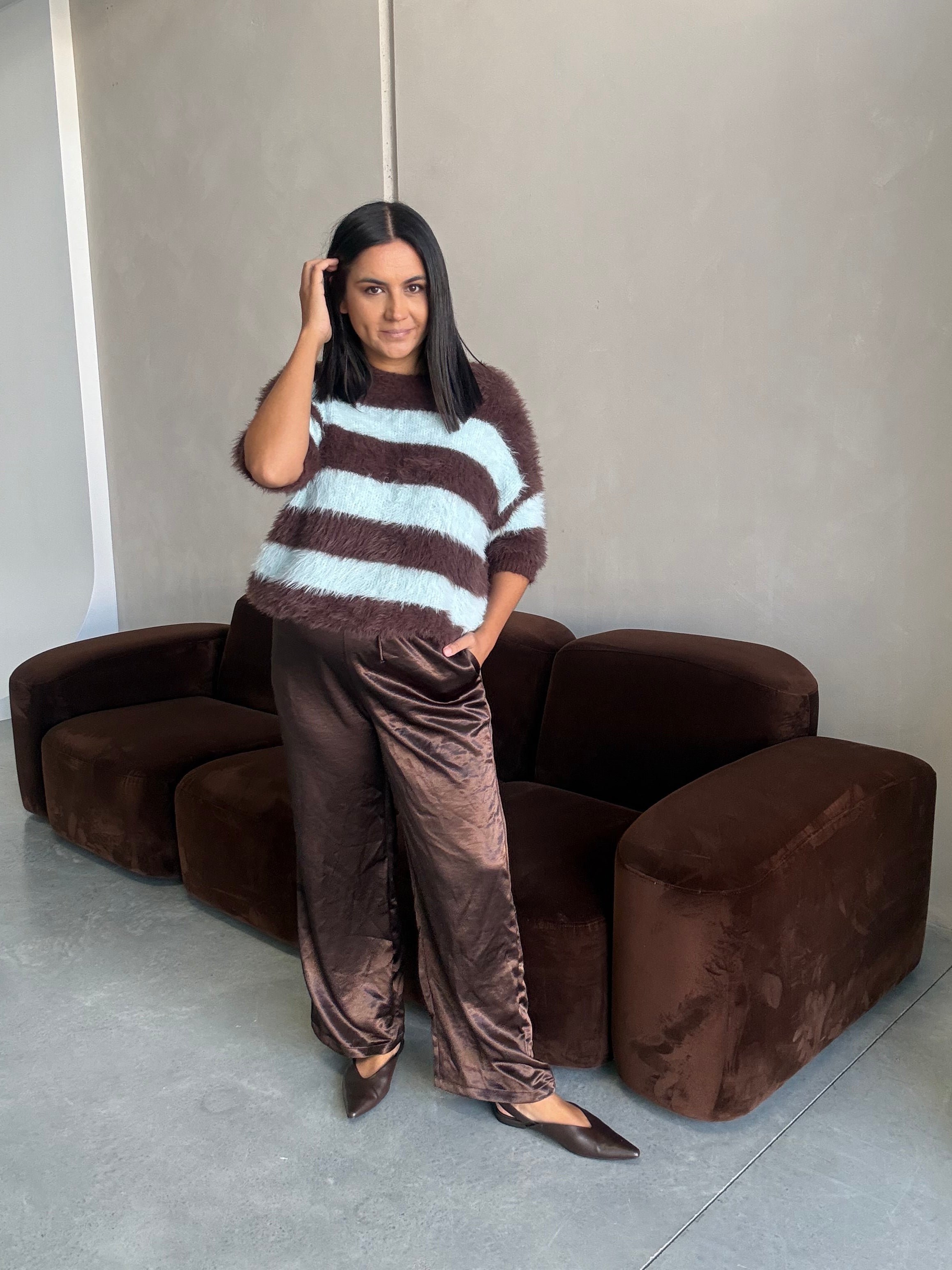 The Teddy Stripe Fluffy Knit Blue/Chocolate