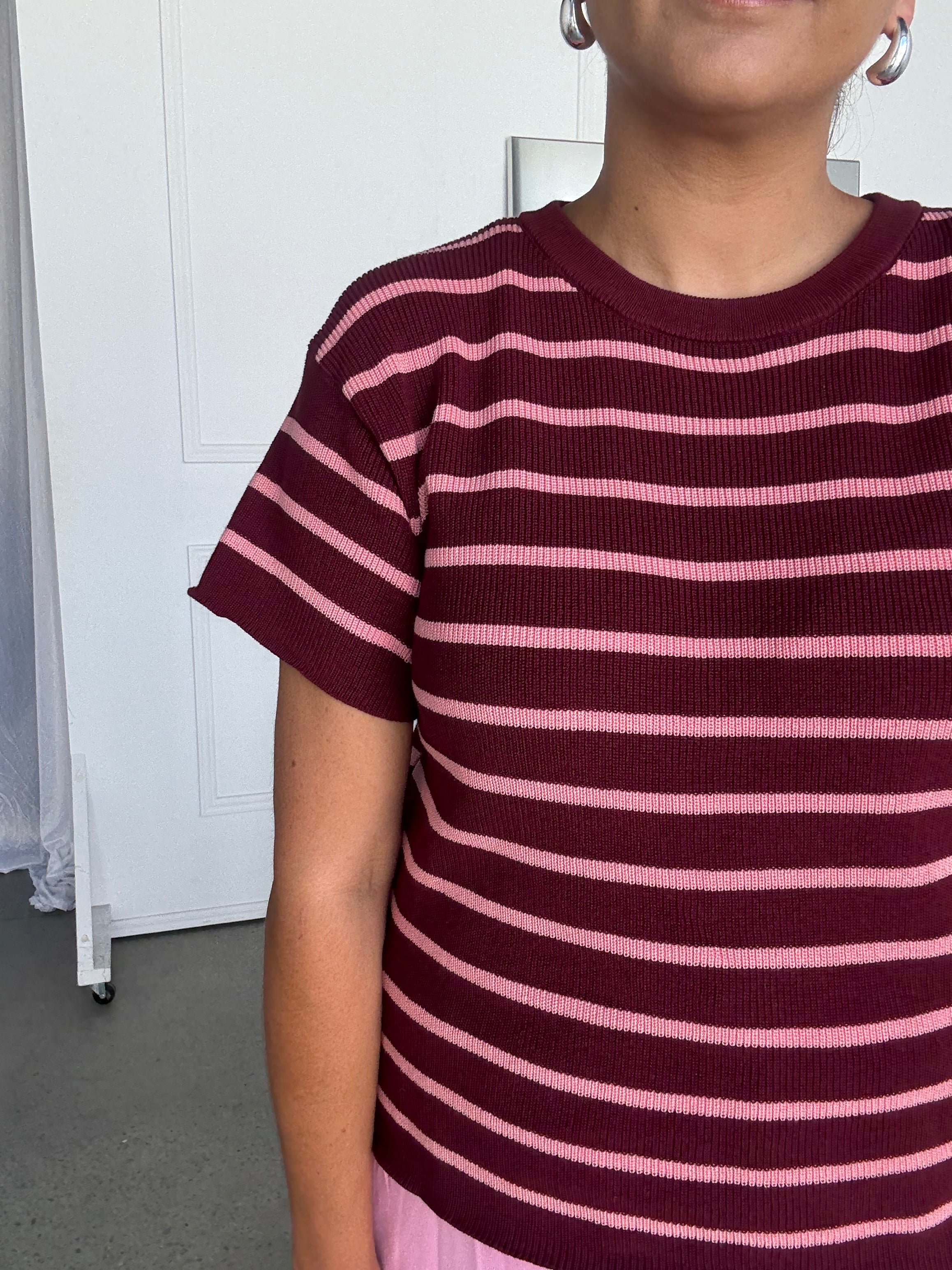 Miller Striped Knit Top Burgundy/Pink