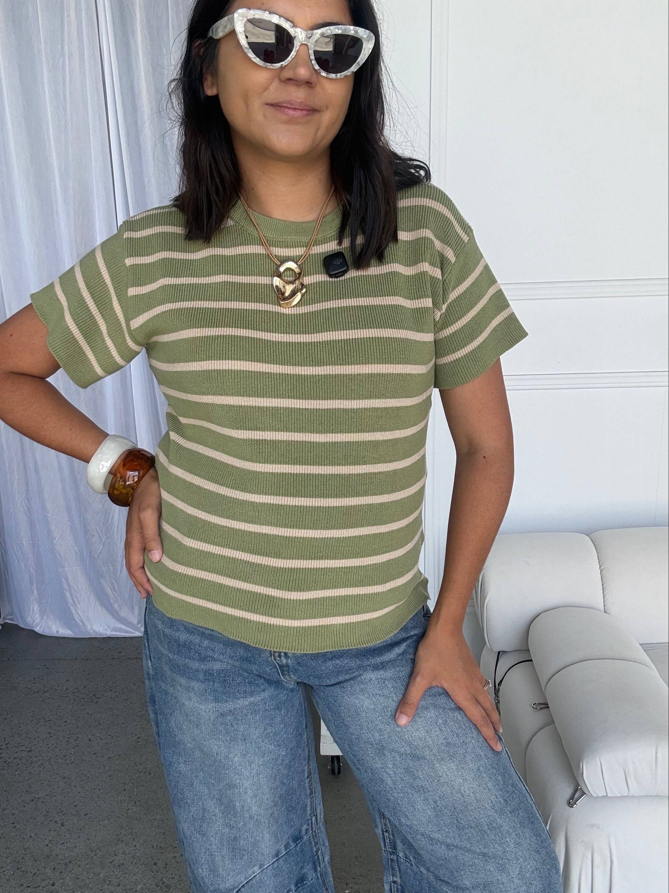 Miller Striped Knit Top Sage/Mocha