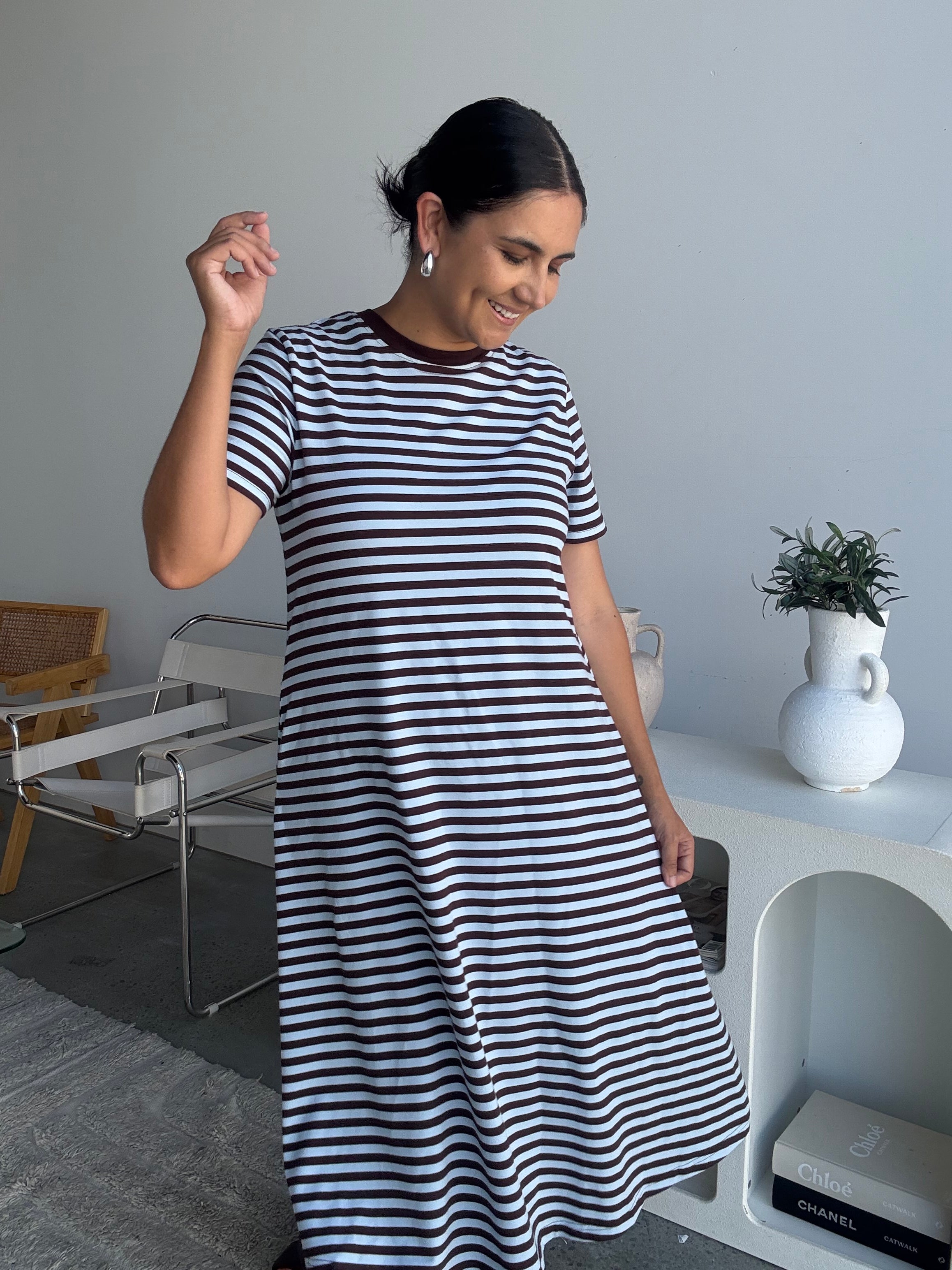 Cotton Jersey Stripe Dress Choc Brown/Blue