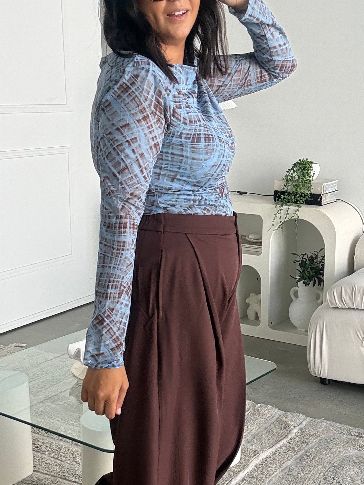Check Mesh Side Ruche Top Blue/Brown