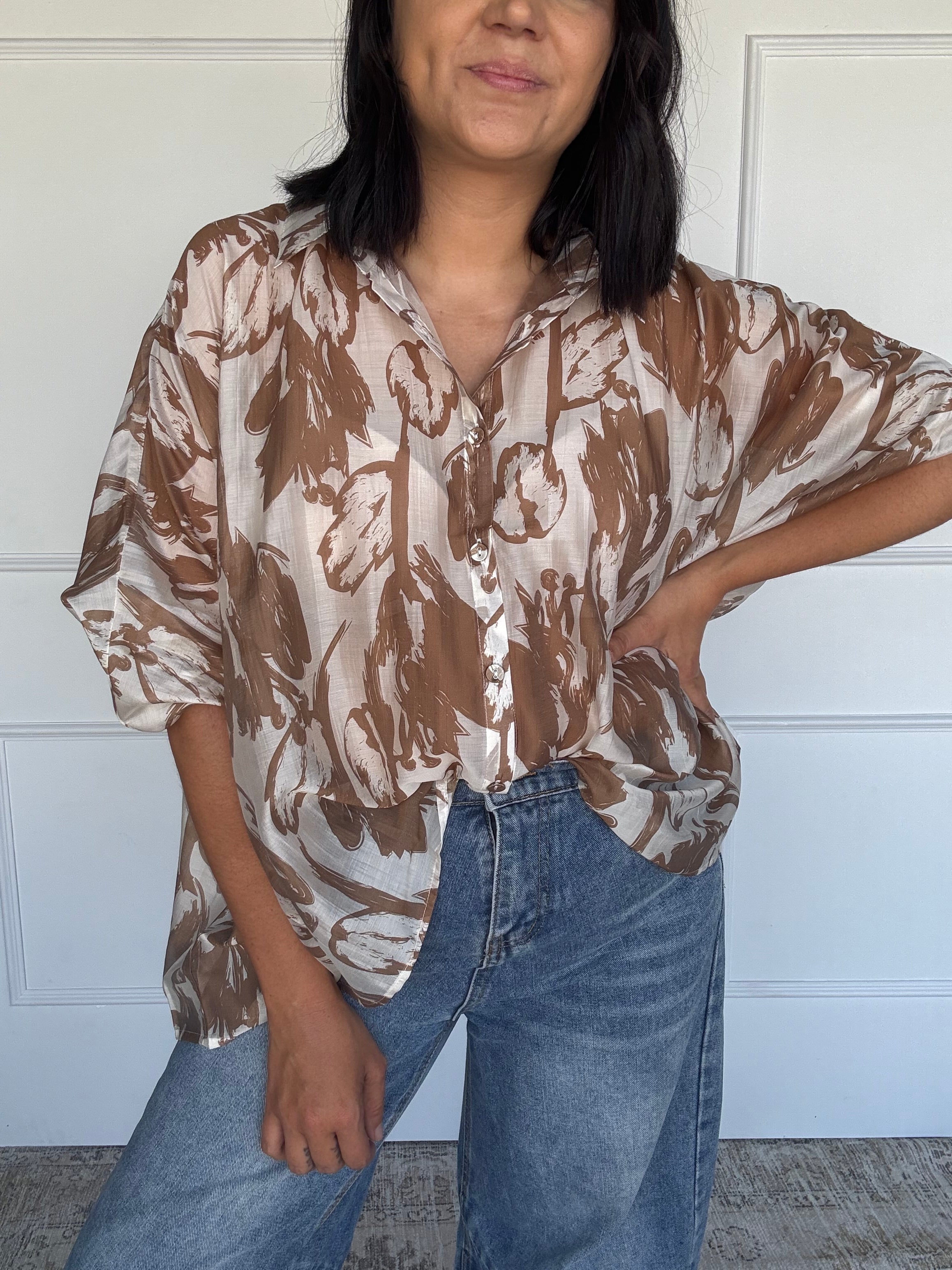 Oversized Abstract Floral Shirt Mocha