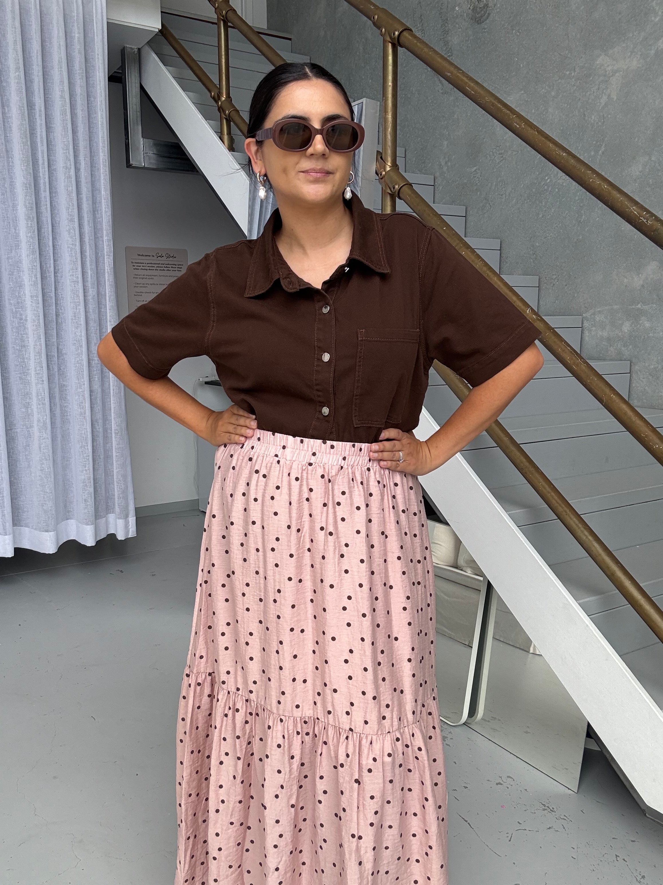 Maisie Skirt Pink/Brown Polka Dot