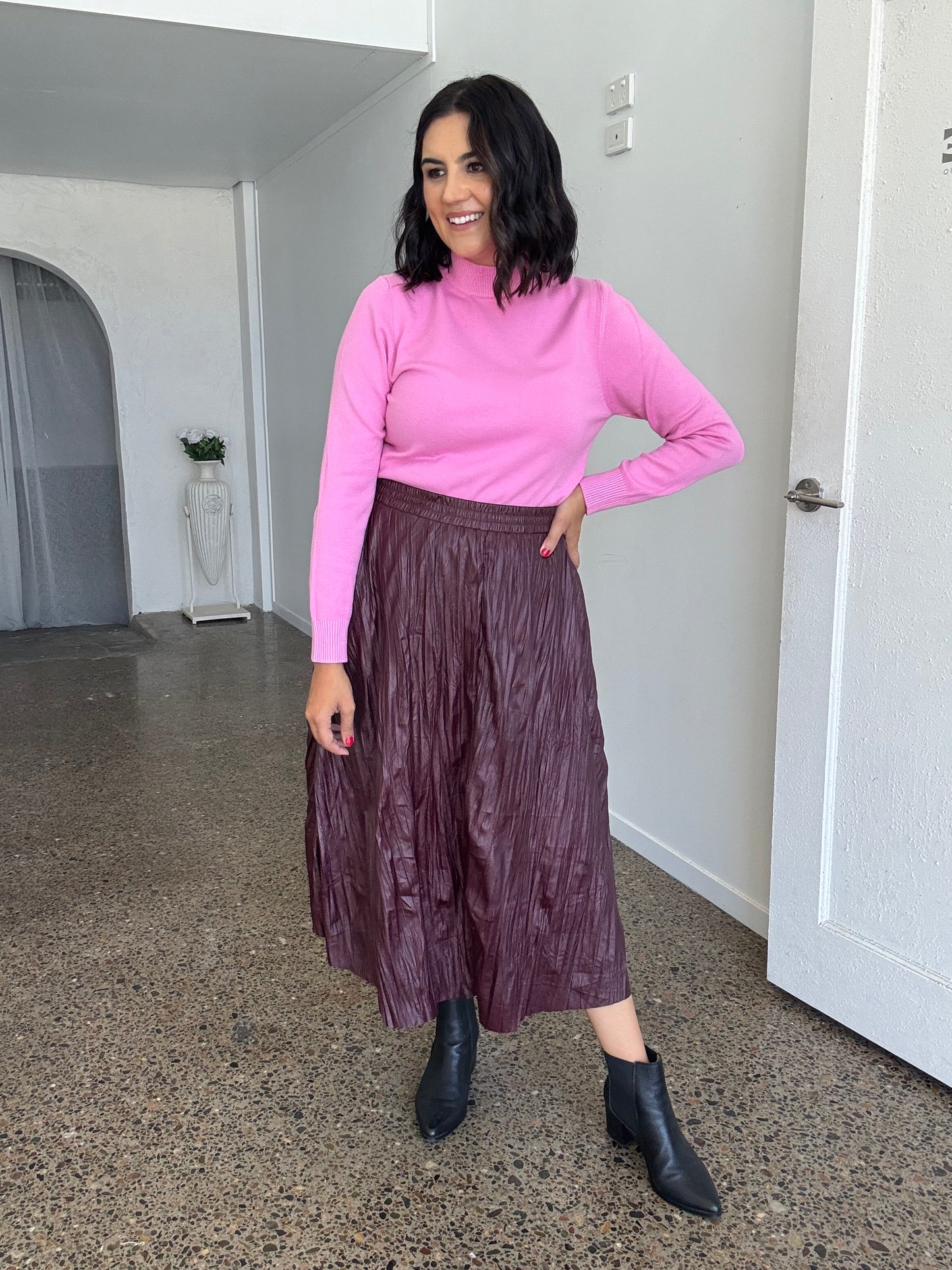 Wet Look Creased Midi Skirt Burgundy