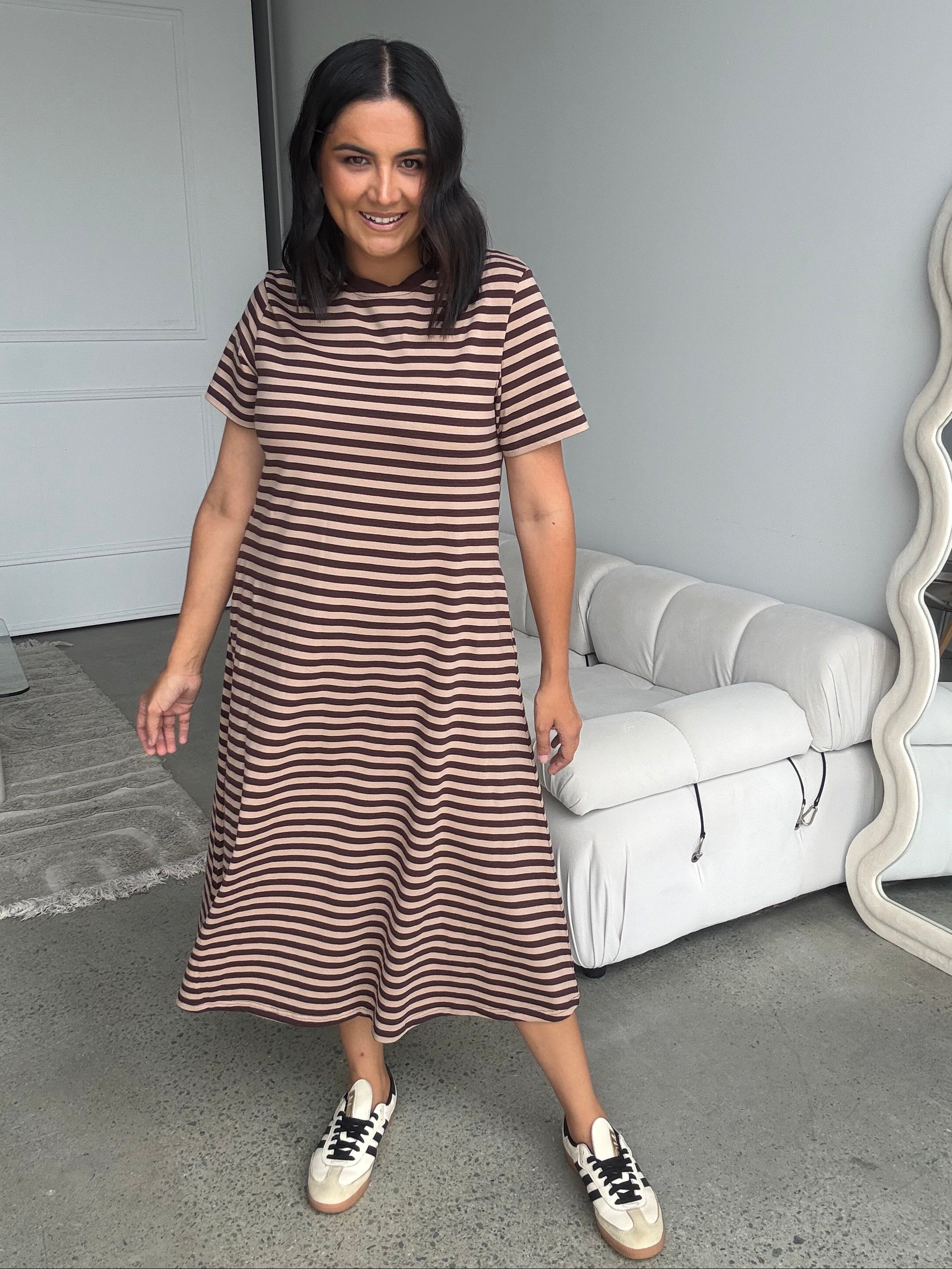 Cotton Jersey Stripe Dress Choc Brown/Beige