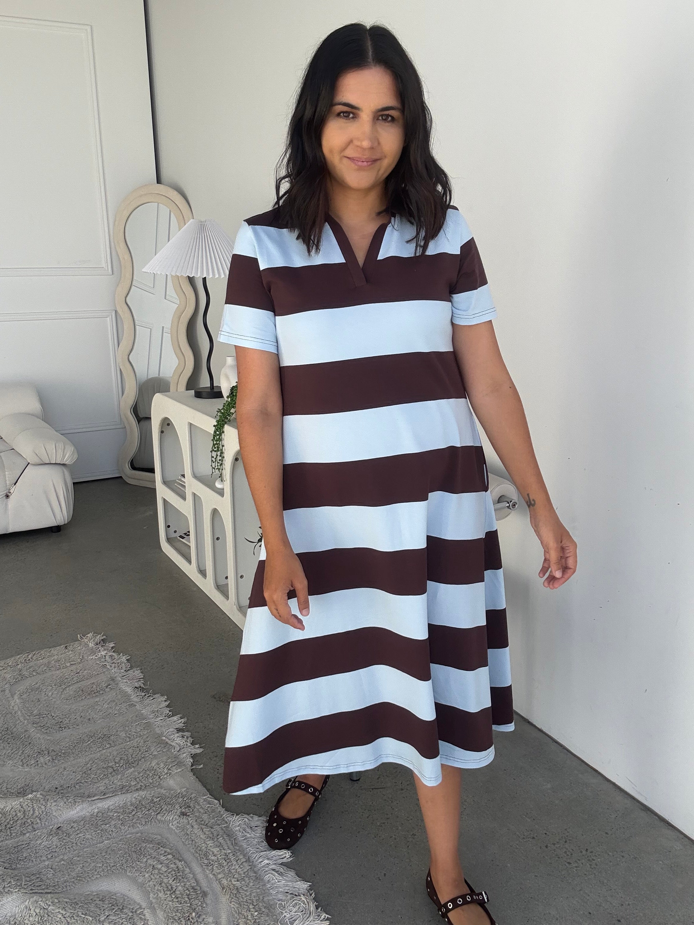 Polo Cotton Jersey Stripe Dress Blue/Brown Polo Cotton Jersey Stripe Dress Blue/Brown