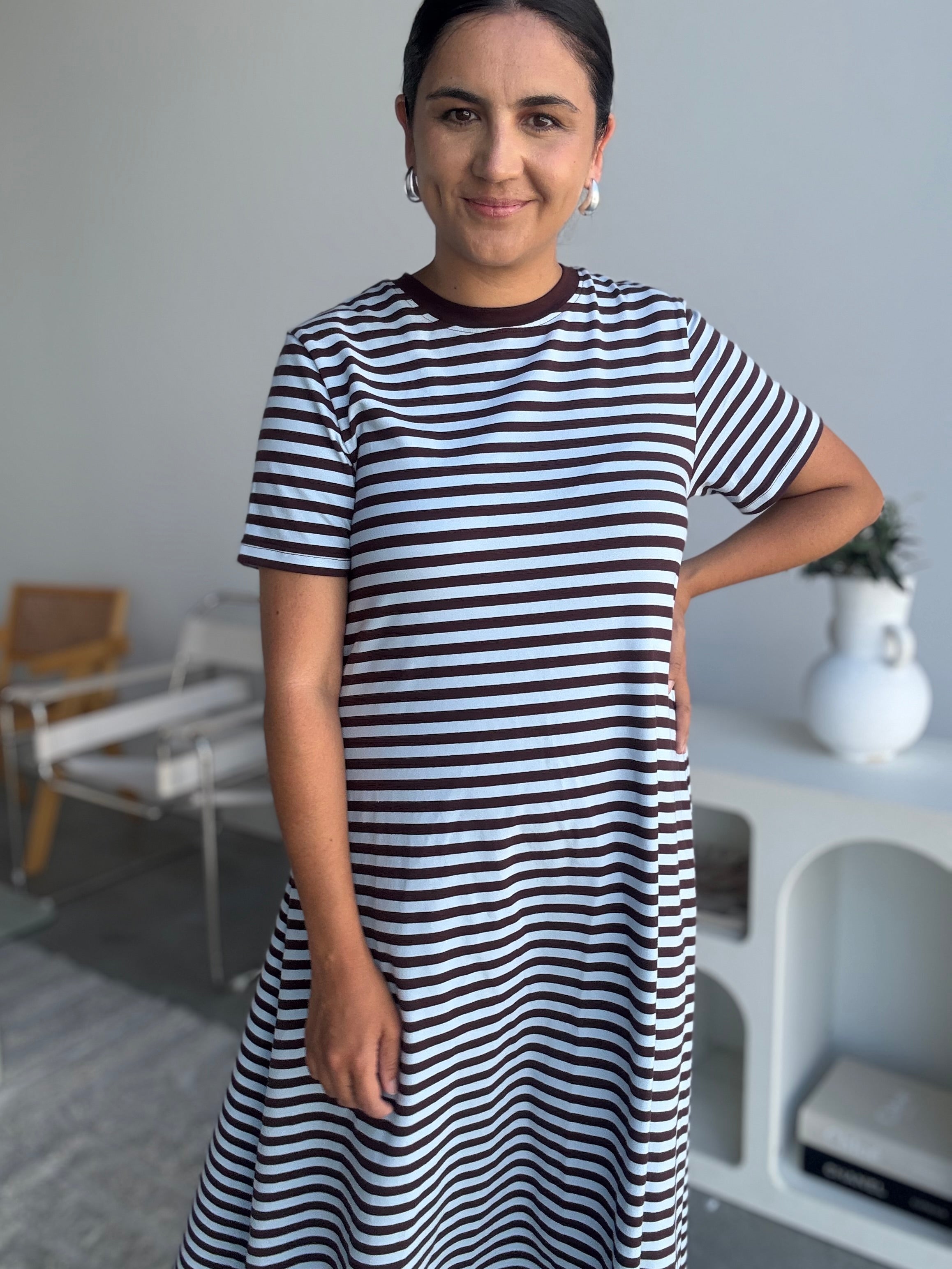 Cotton Jersey Stripe Dress Choc Brown/Blue