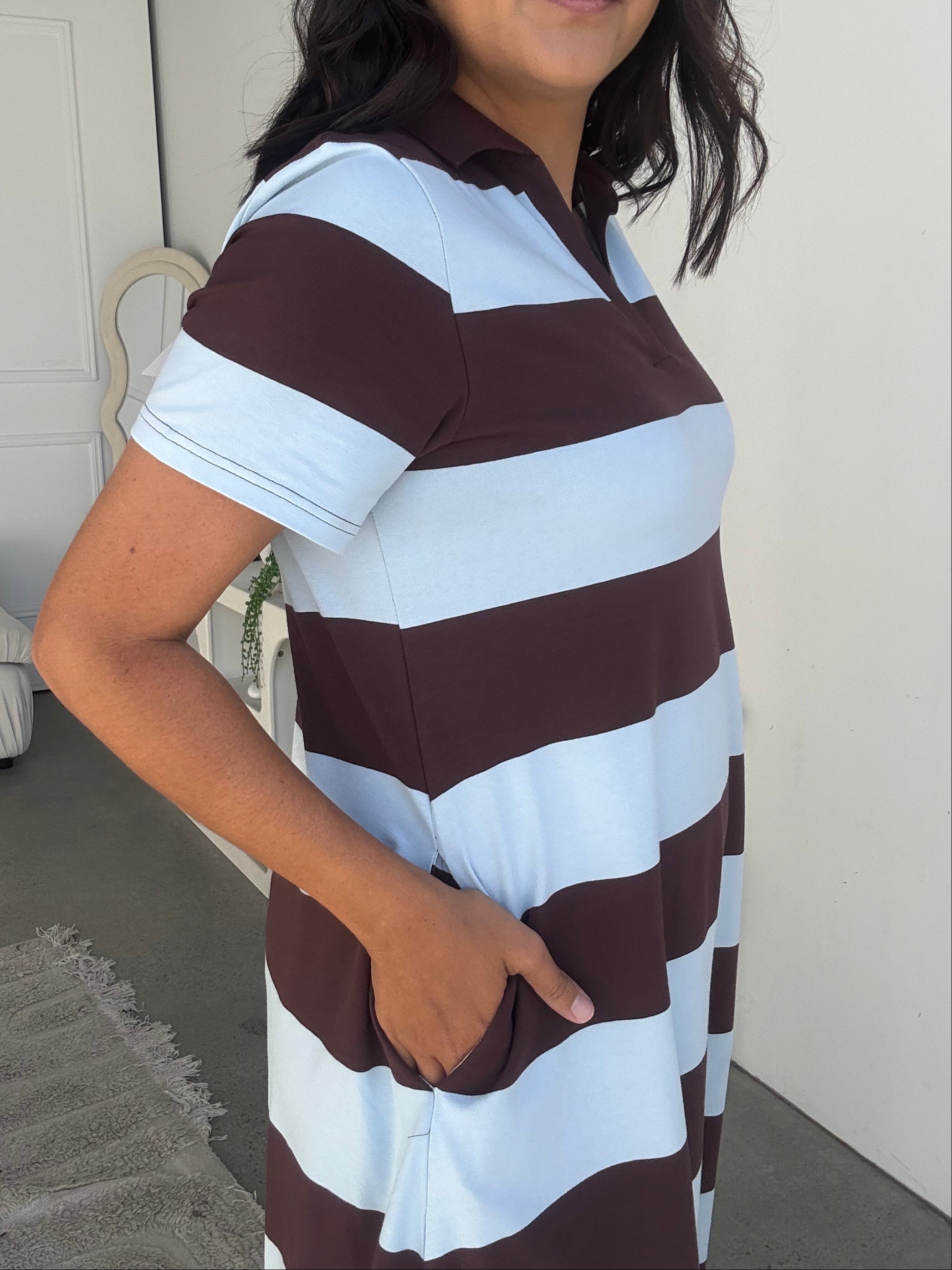 Polo Cotton Jersey Stripe Dress Blue/Brown
