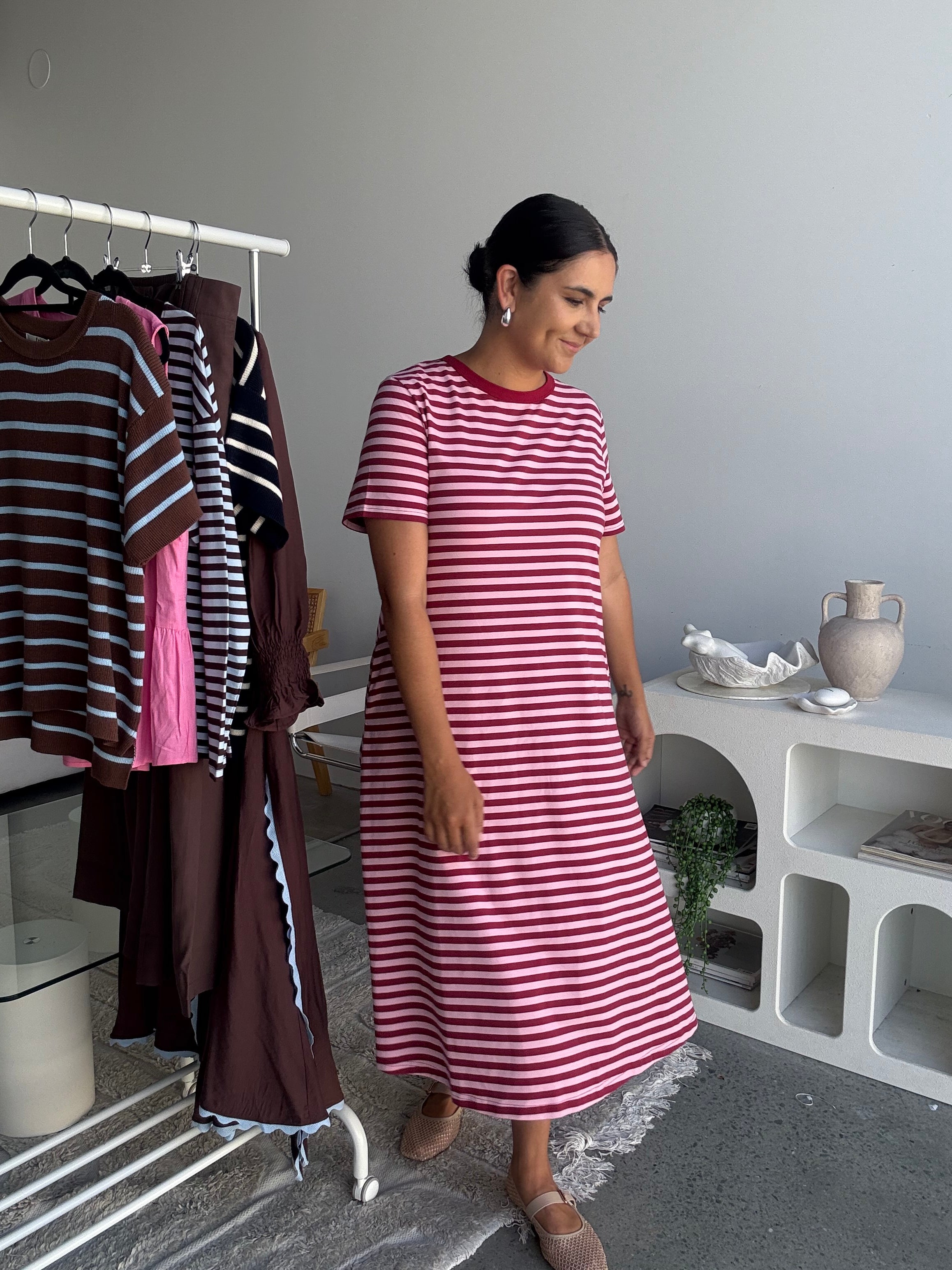 Cotton Jersey Stripe Dress Burgundy/Pink