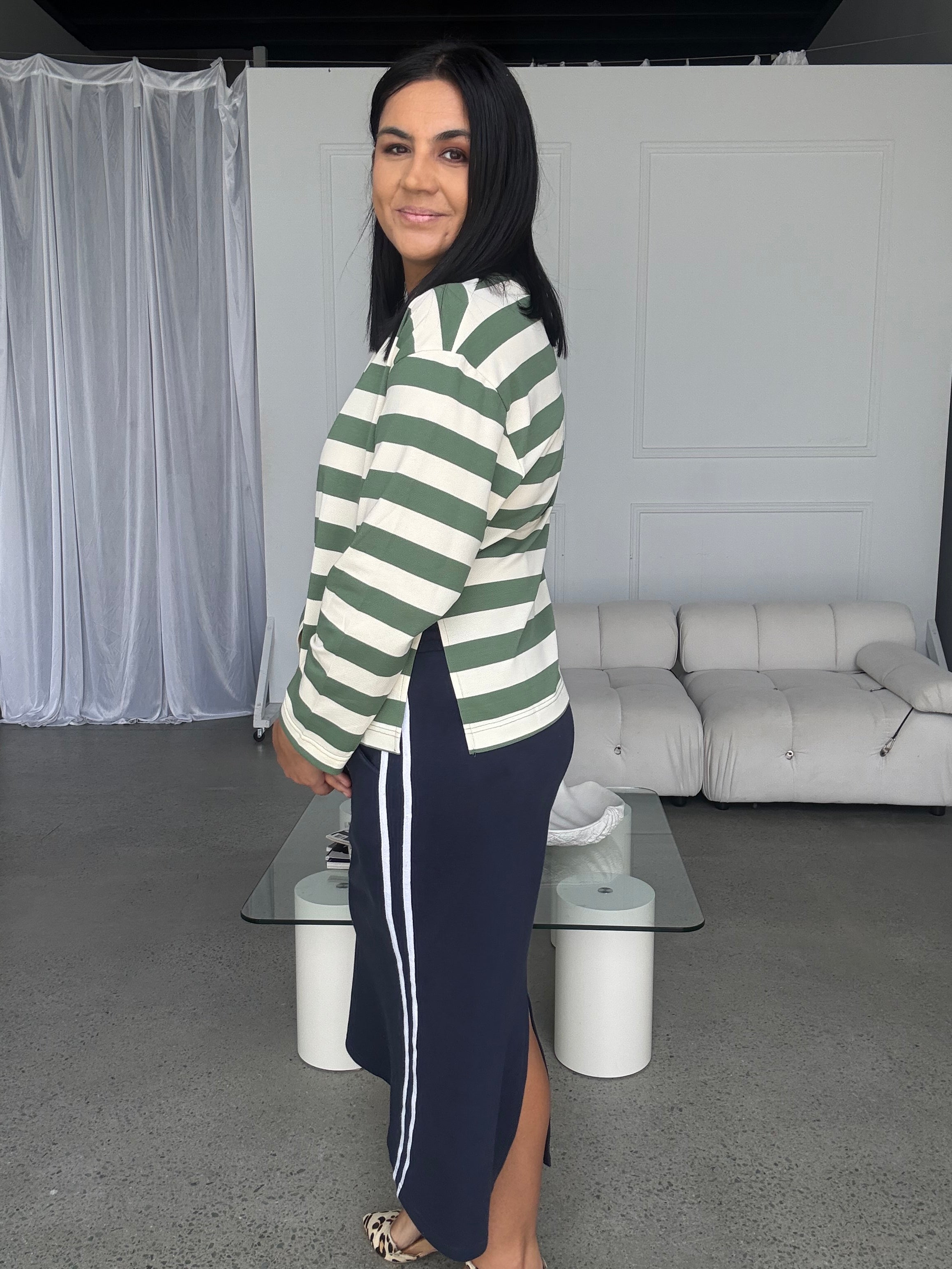 Cassie Long Sleeve Stripe Top Sage/Cream