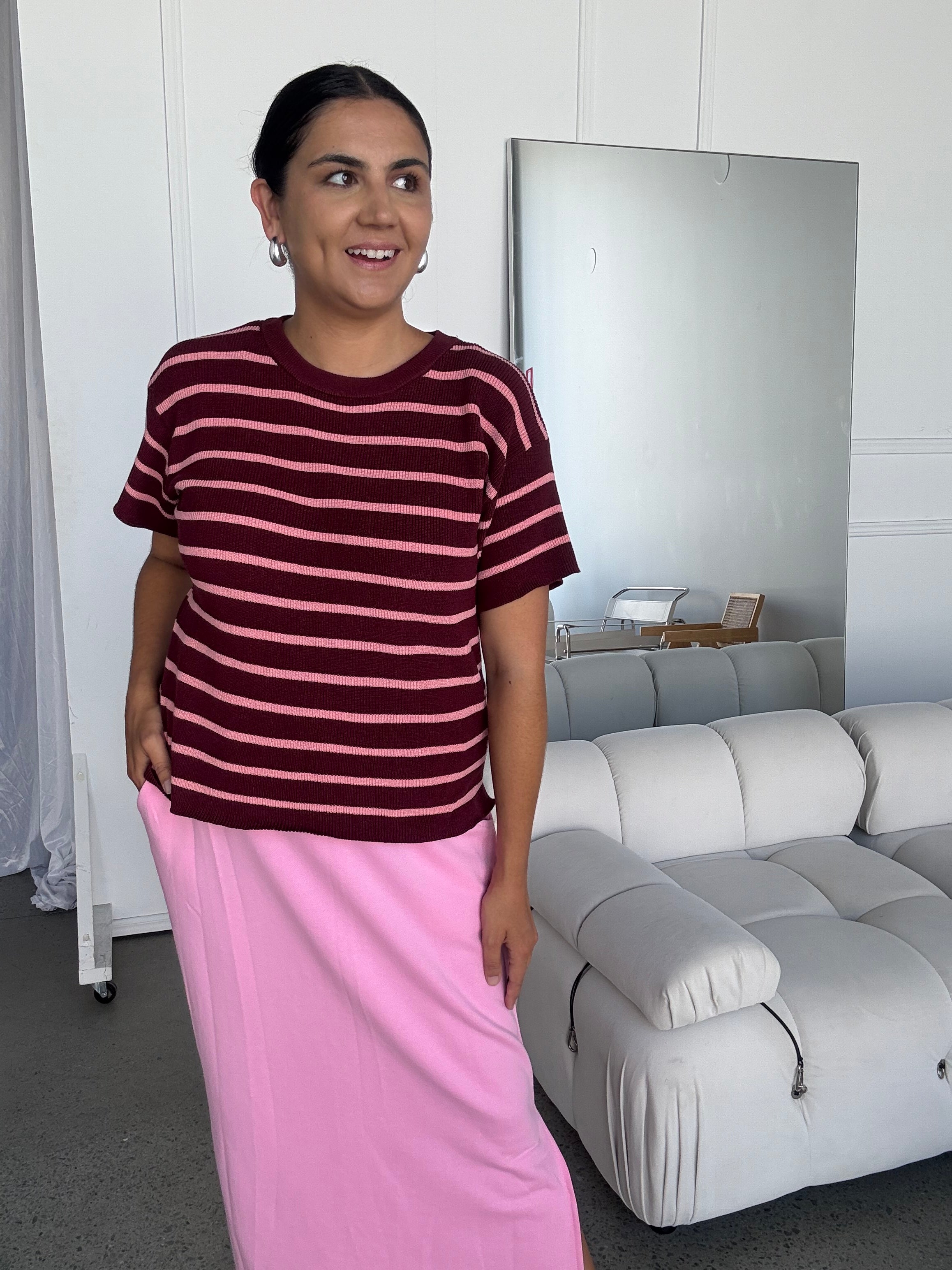 Miller Striped Knit Top Burgundy/Pink RESTOCKED