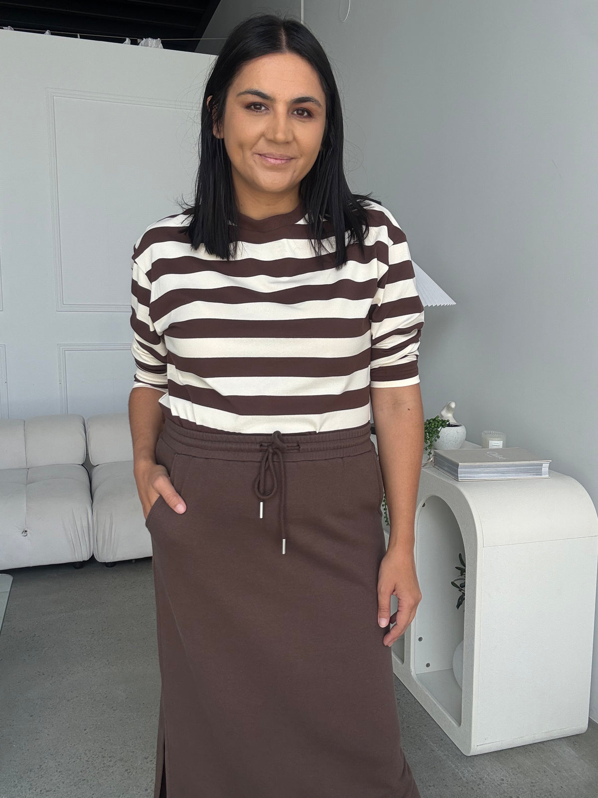 Cassie Stripe Top Brown/Cream, cotton long sleeve top