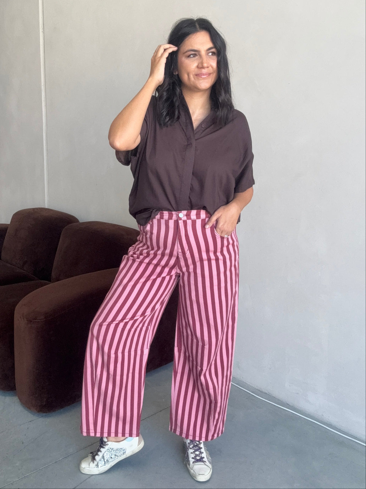 Tahni Stripe Barrel Jean Pink/Burgundy