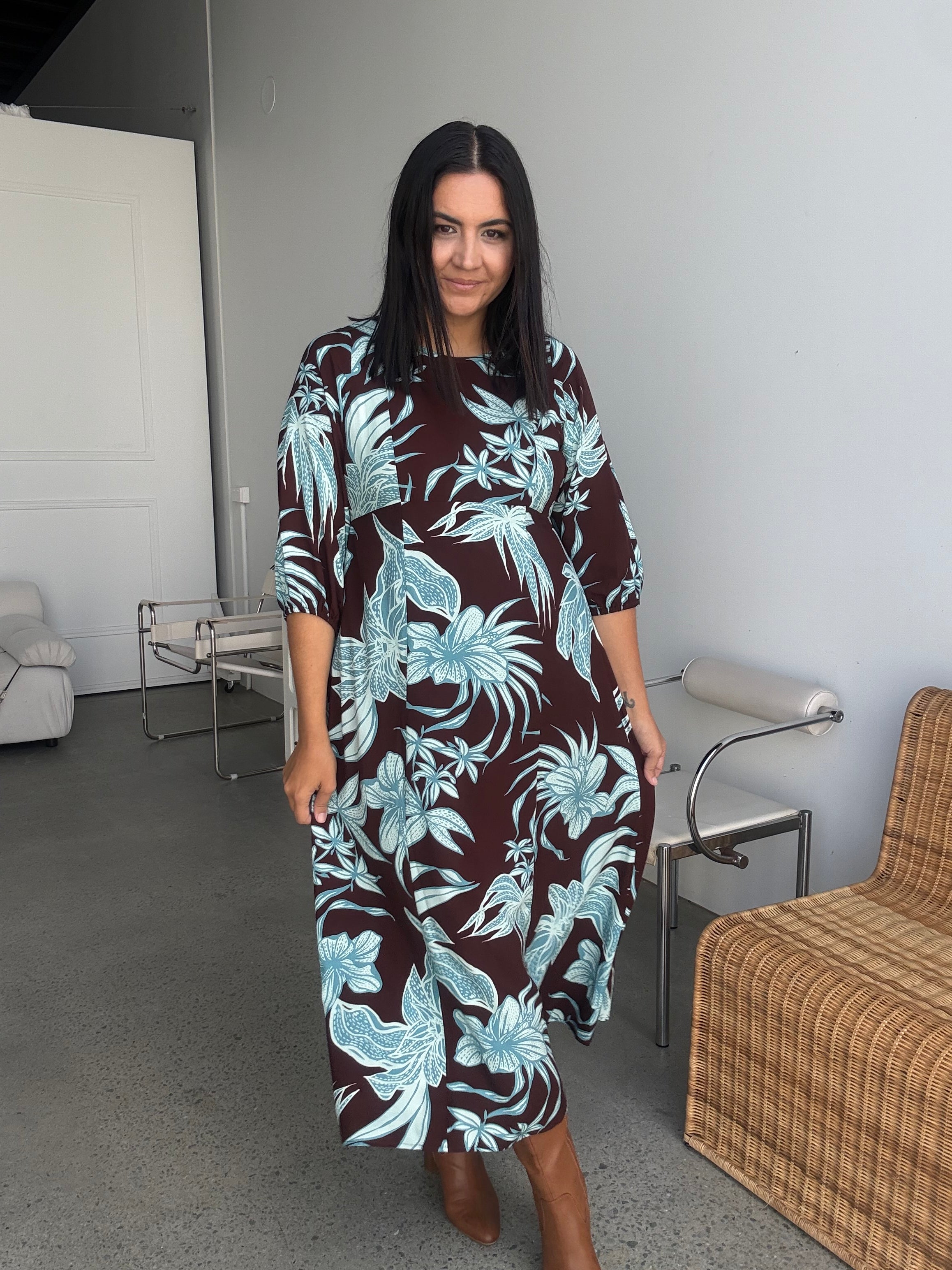 Alexa Choc/Blue Floral Midi Dress