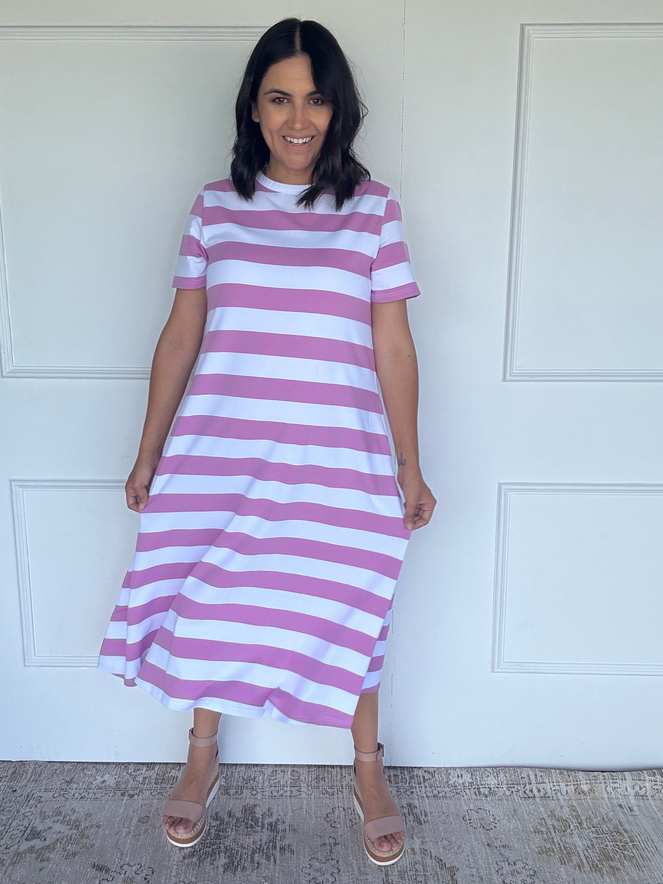Cotton Jersey Stripe Dress Orchid/White