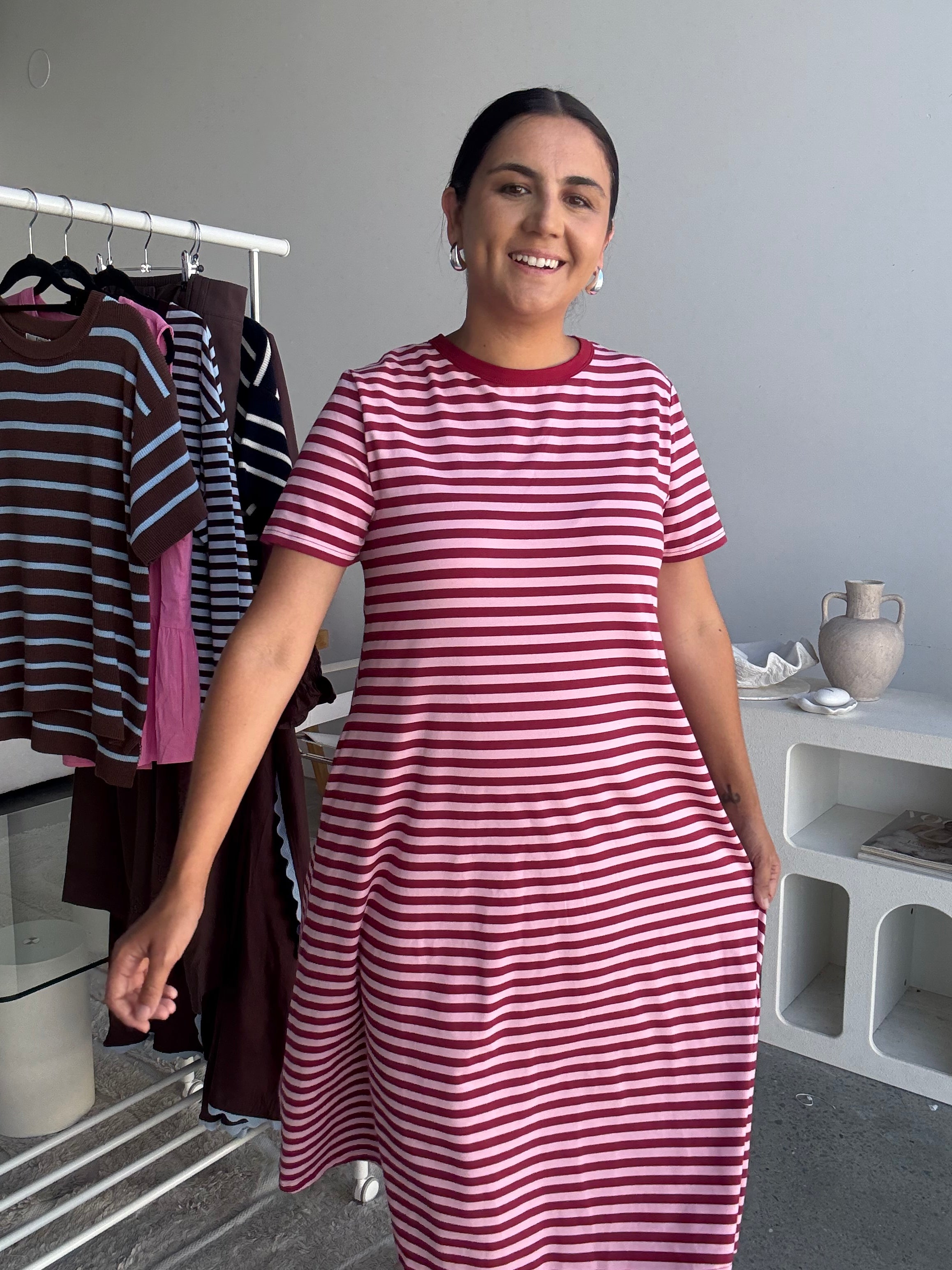 Cotton Jersey Stripe Dress Burgundy/Pink
