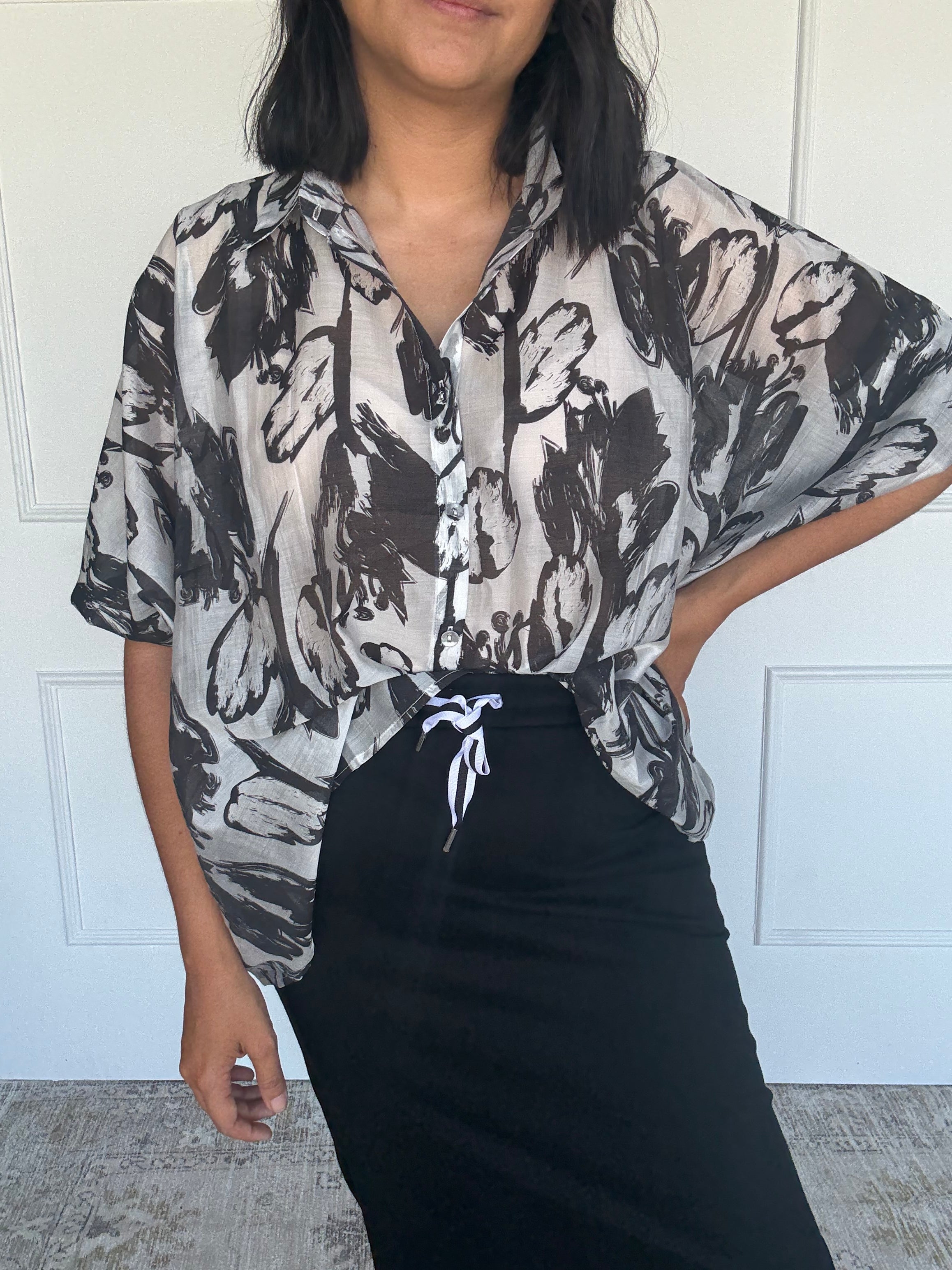 Oversized Abstract Floral Shirt Black