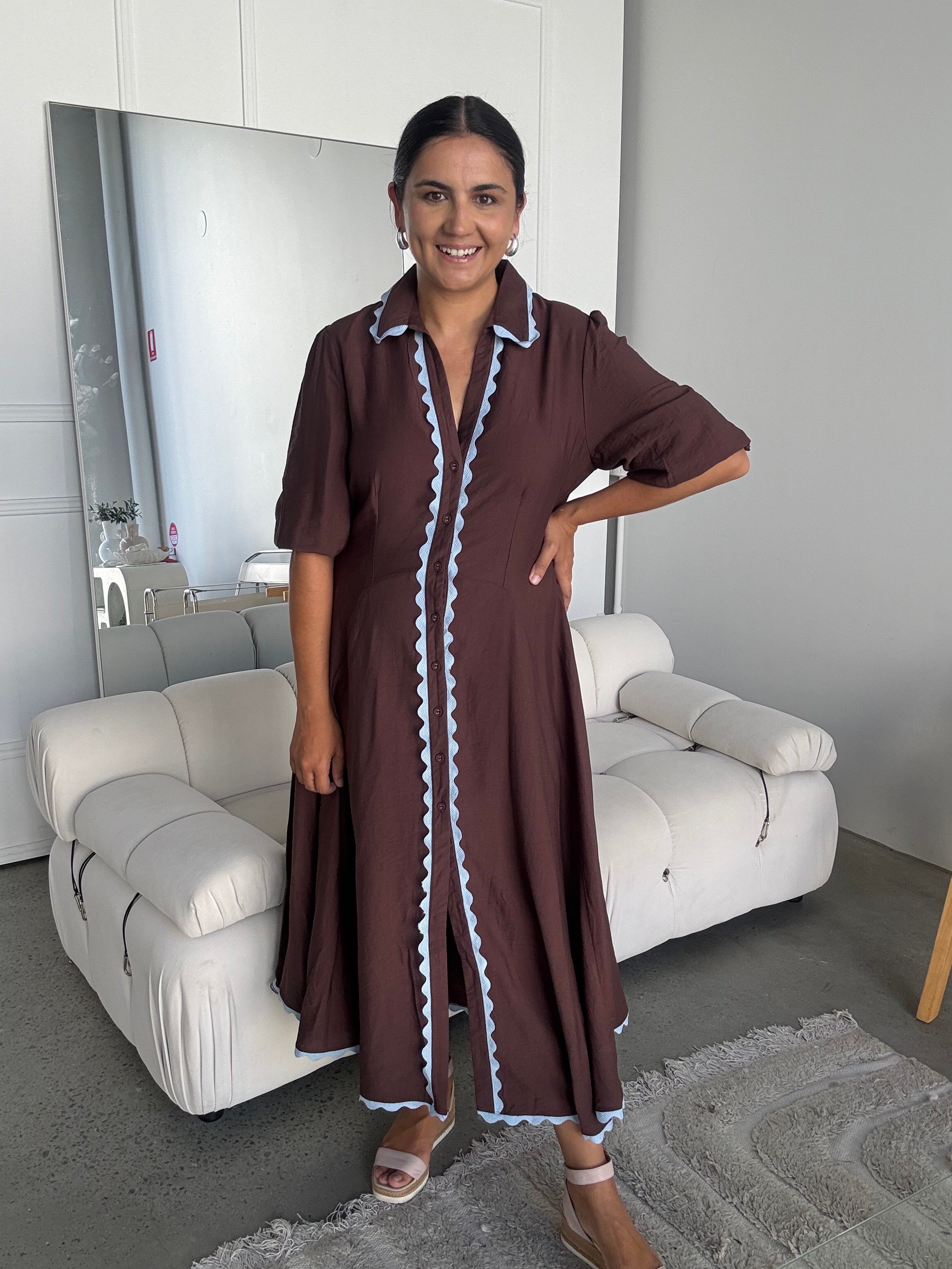 Envy Midi Dress Long Sleeve Brown/Blue