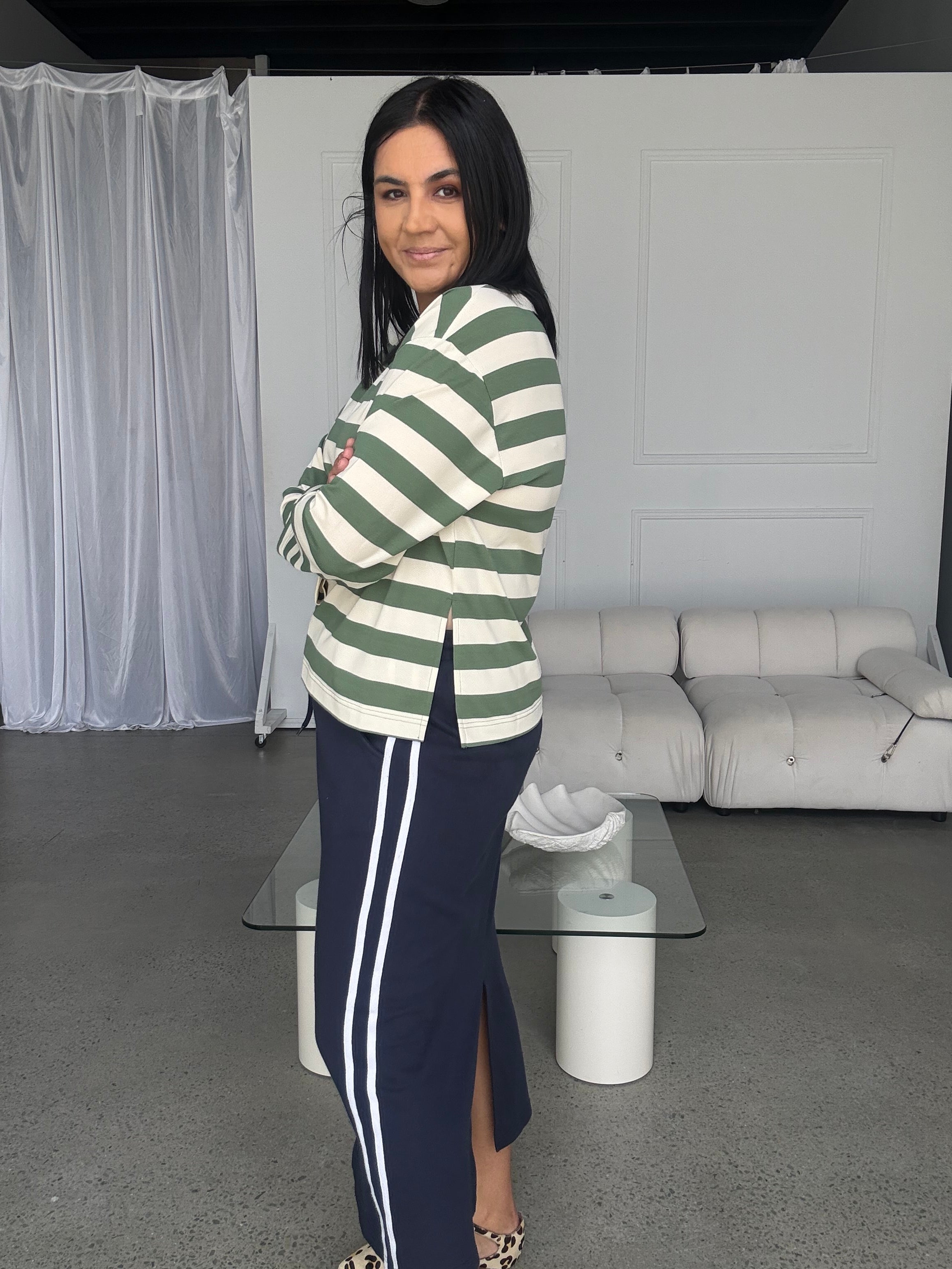 Cassie Long Sleeve Stripe Top Sage/Cream
