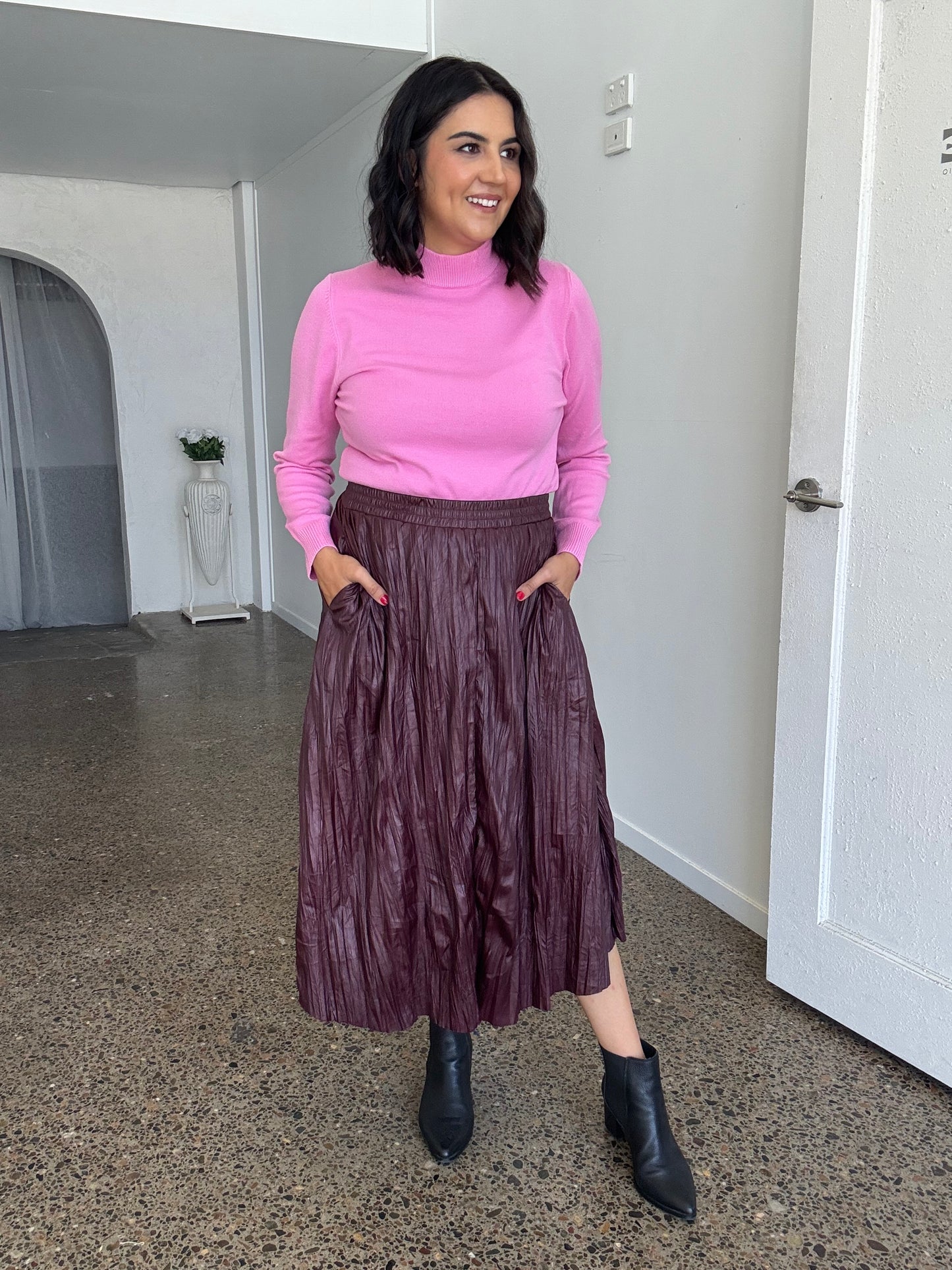 Wet Look Creased Midi Skirt Burgundy