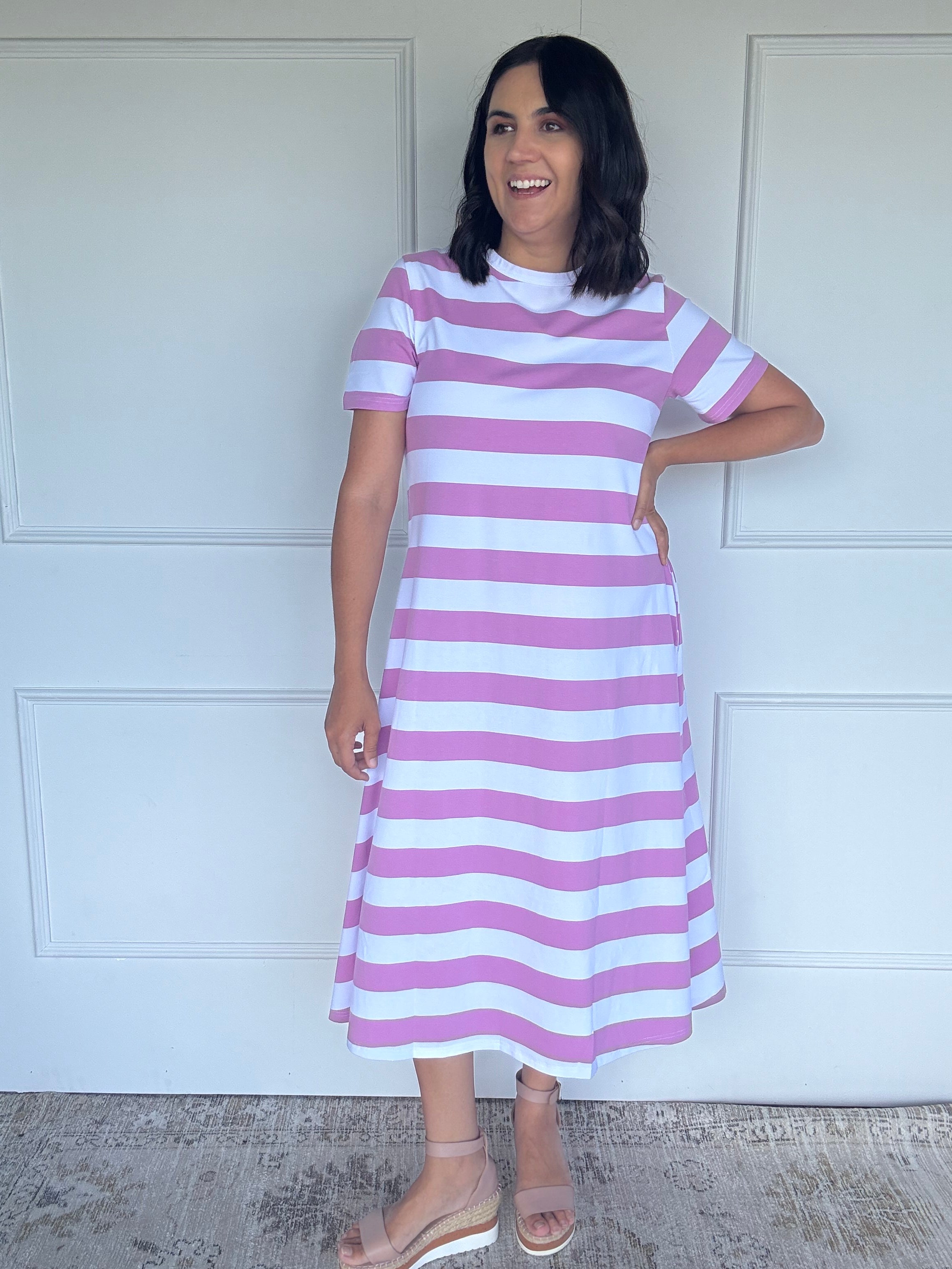 Cotton Jersey Stripe Dress Orchid/White