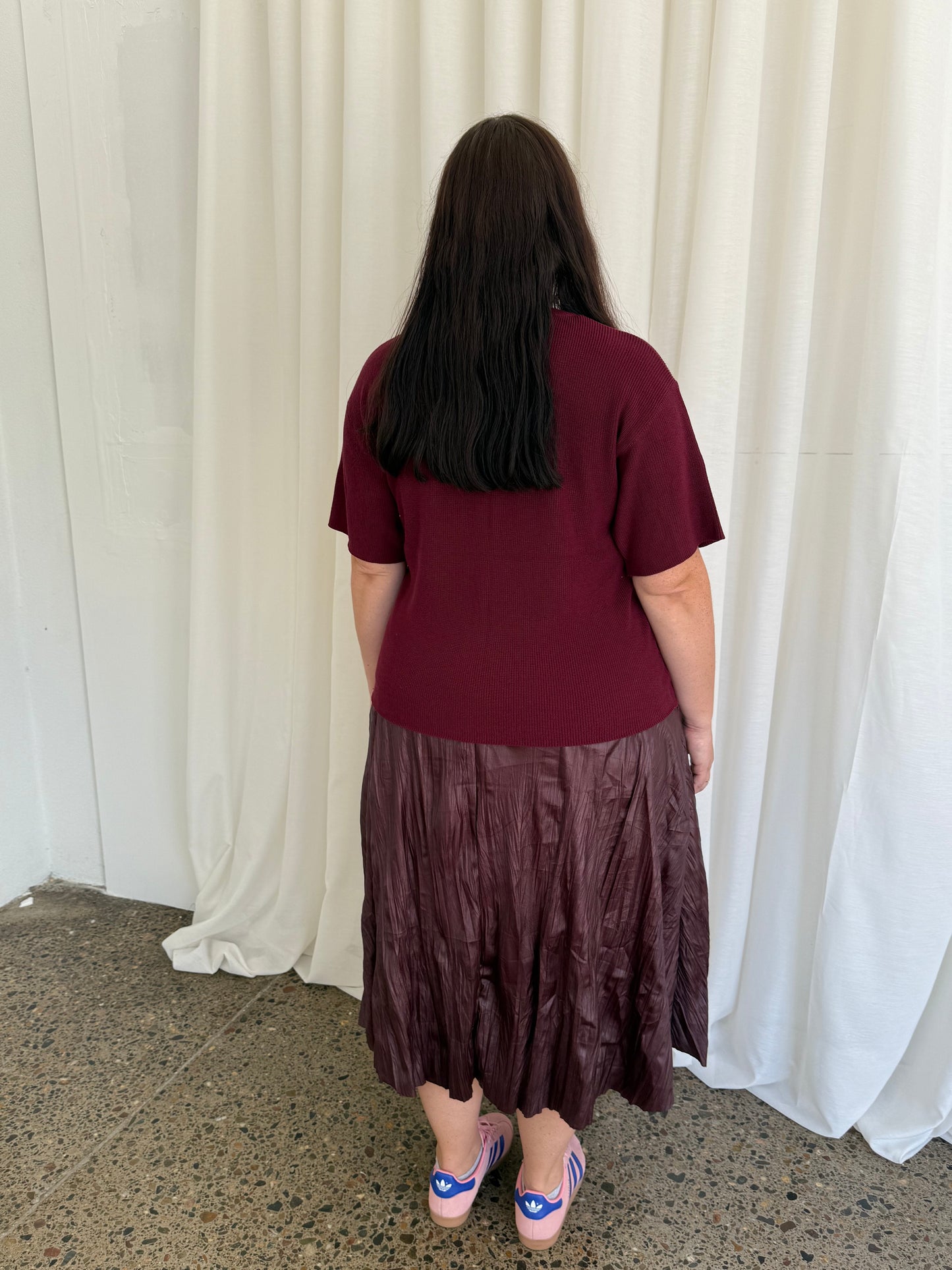 Wet Look Creased Midi Skirt Burgundy