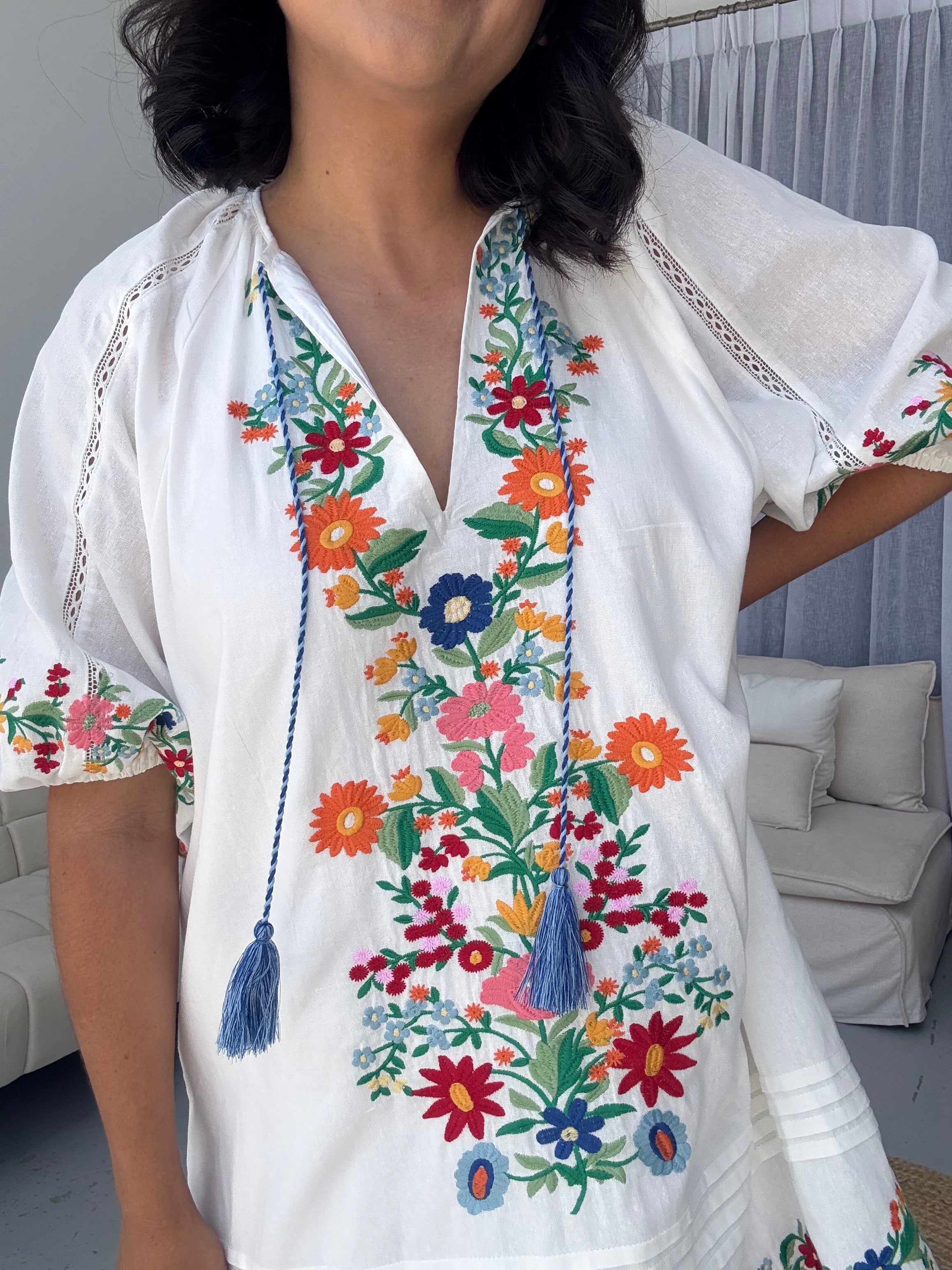 Ingrid Embroidered Floral Tunic Dress White
