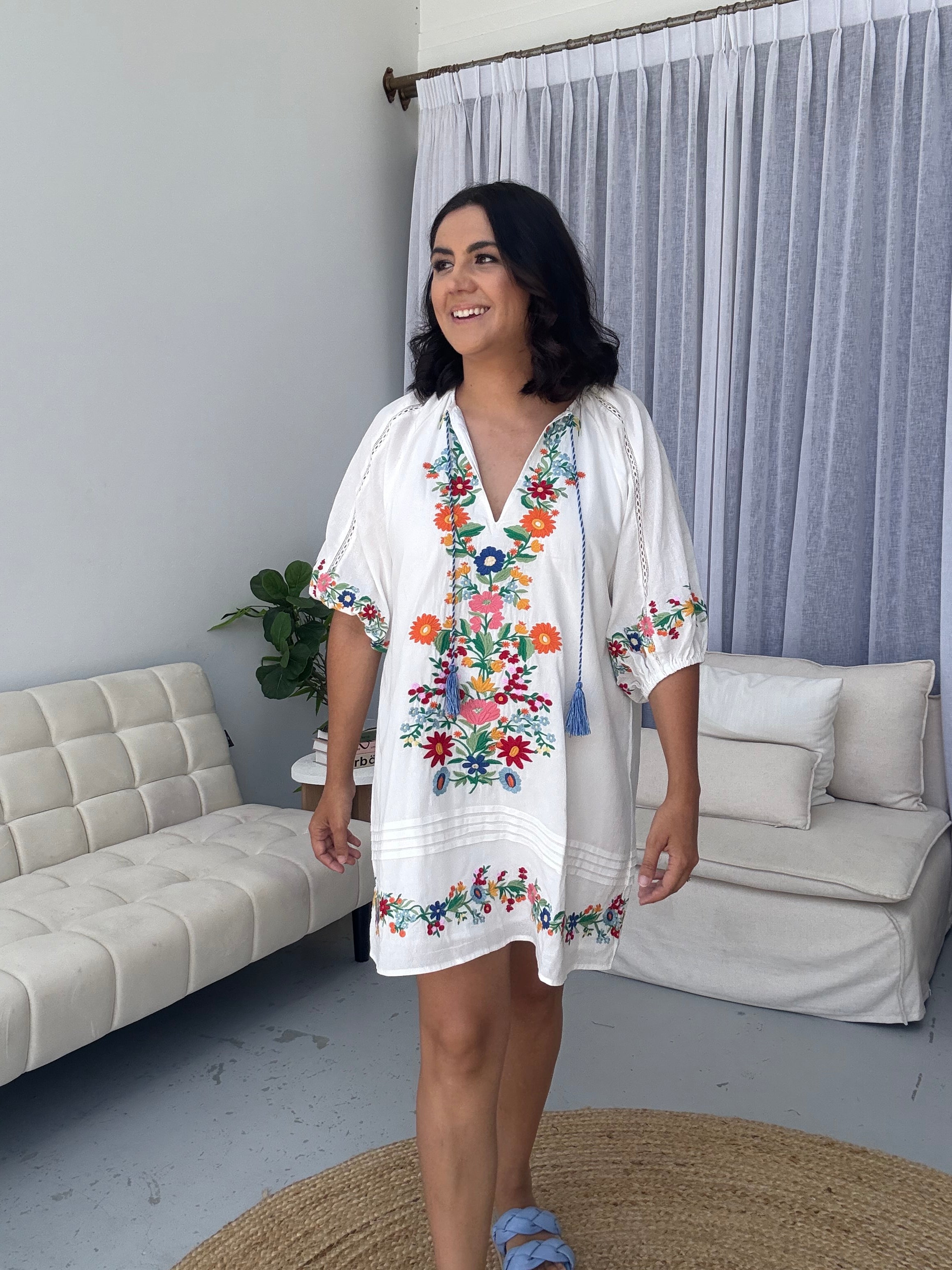 Ingrid Embroidered Floral Tunic Dress White