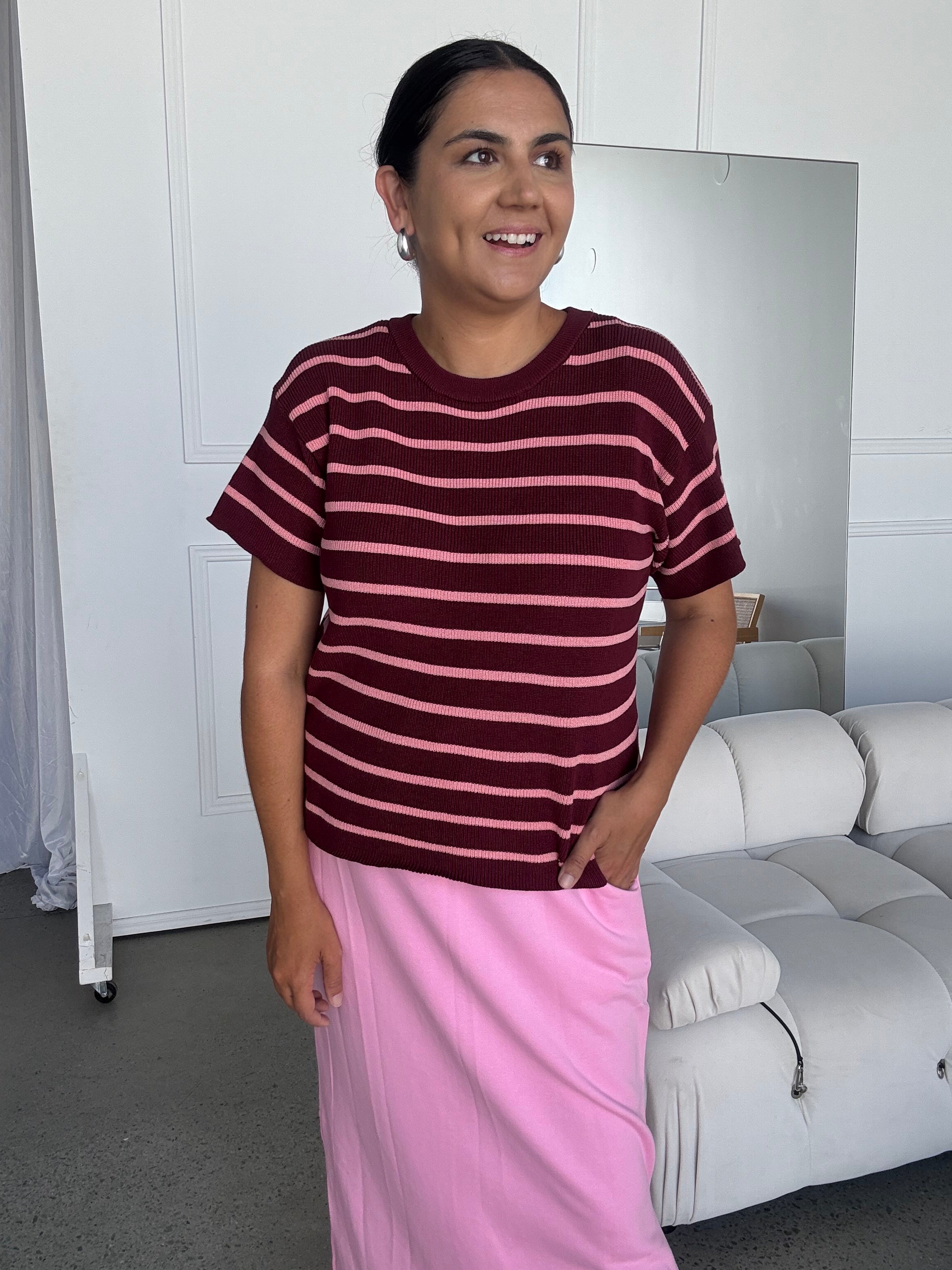 Miller Striped Knit Top Burgundy/Pink RESTOCKED