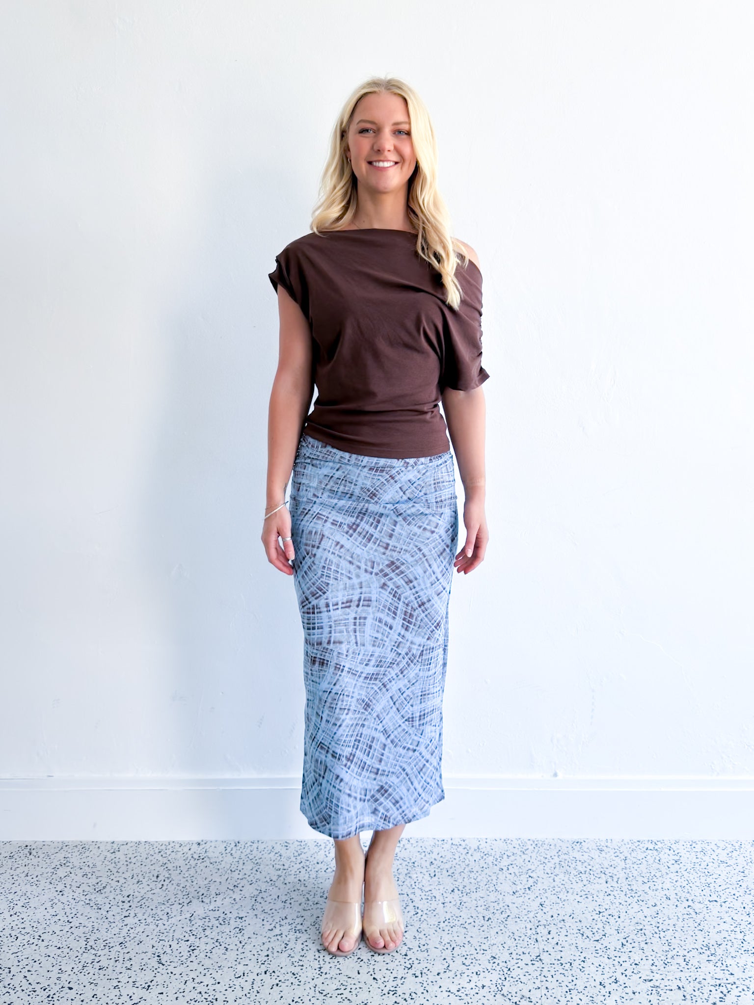Check Mesh Midi Skirt Blue/Brown