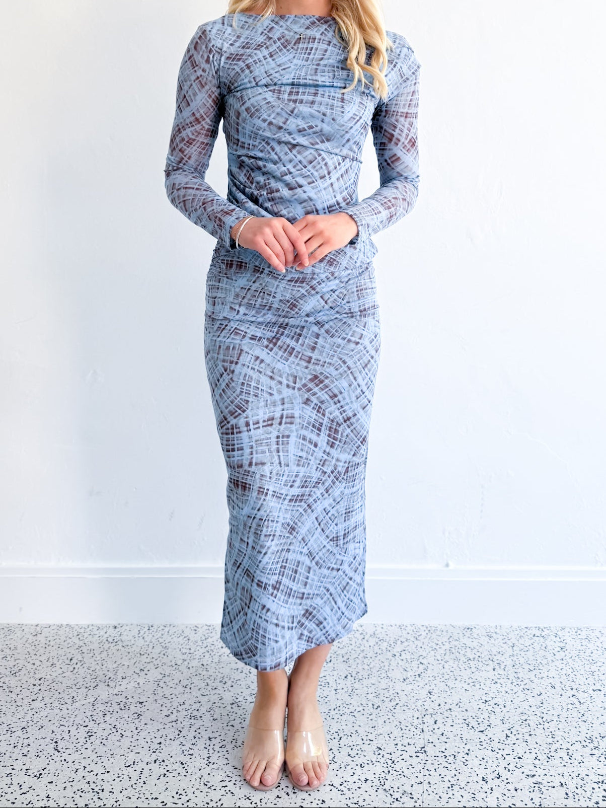 Check Mesh Midi Skirt Blue/Brown