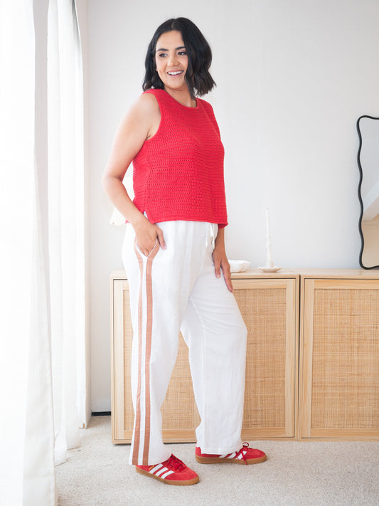Carla Stripe Linen Pants White/Tan Trim