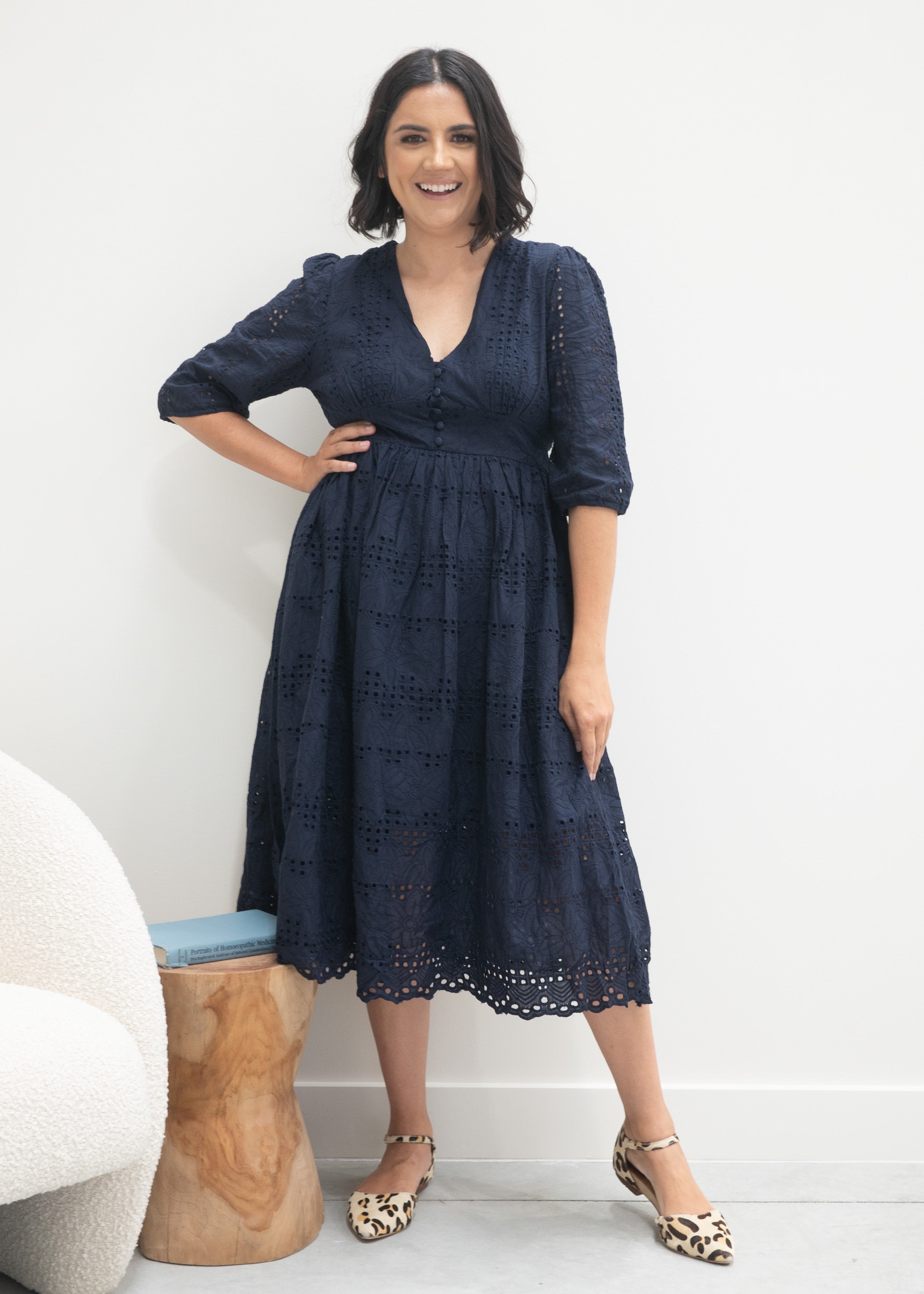 Millie Broderie Angelise Dress Navy