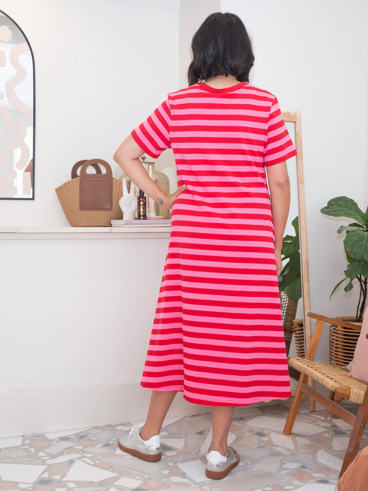 Cotton Jersey Stripe Dress Pink/Red