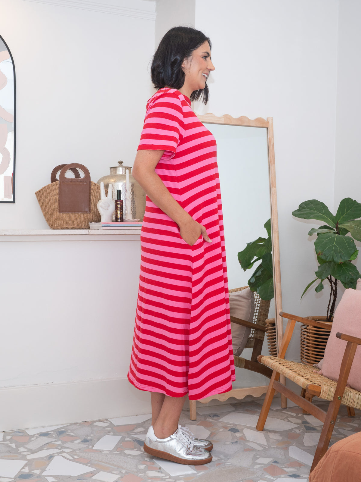 Cotton Jersey Stripe Dress Pink/Red
