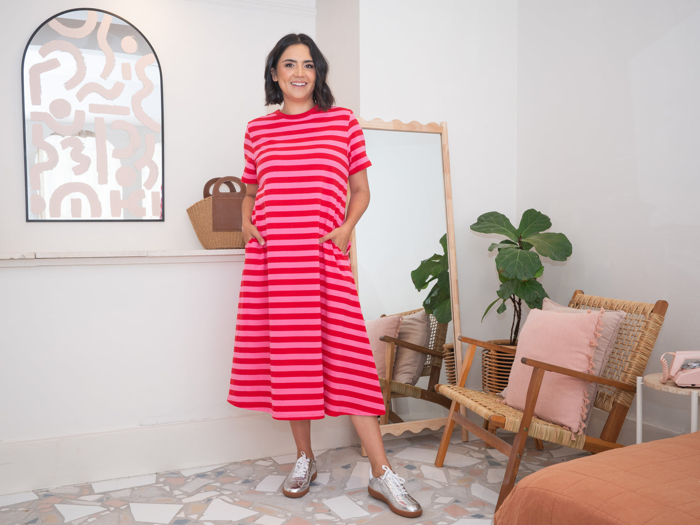 Cotton Jersey Stripe Dress Pink/Red