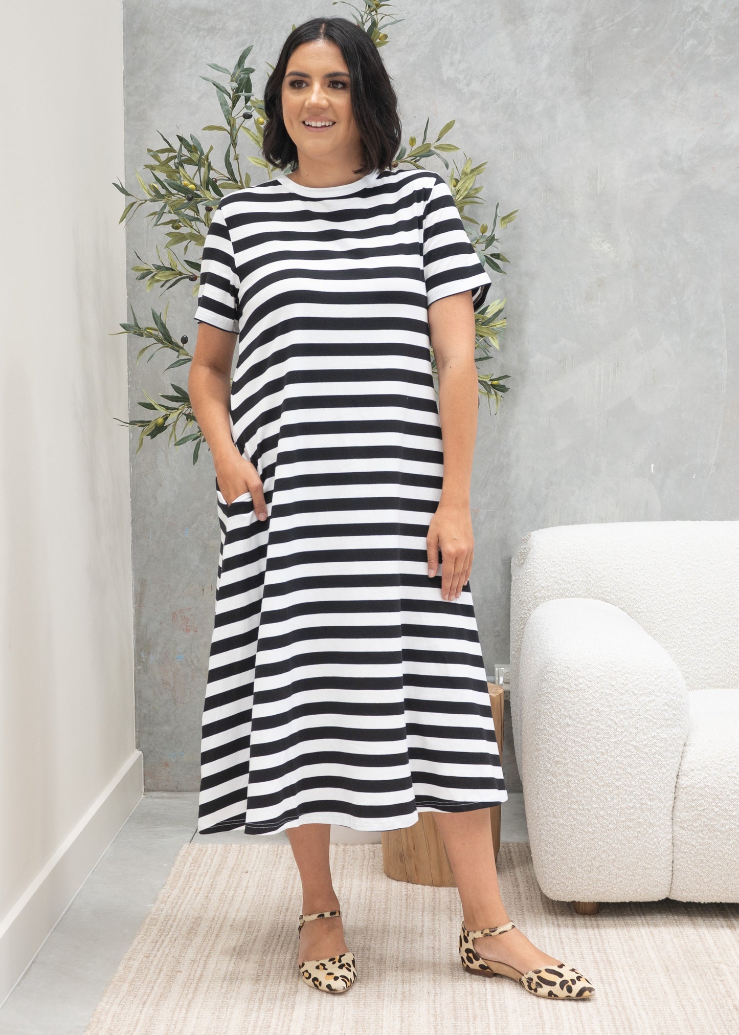 Cotton Jersey Stripe Dress Black/White