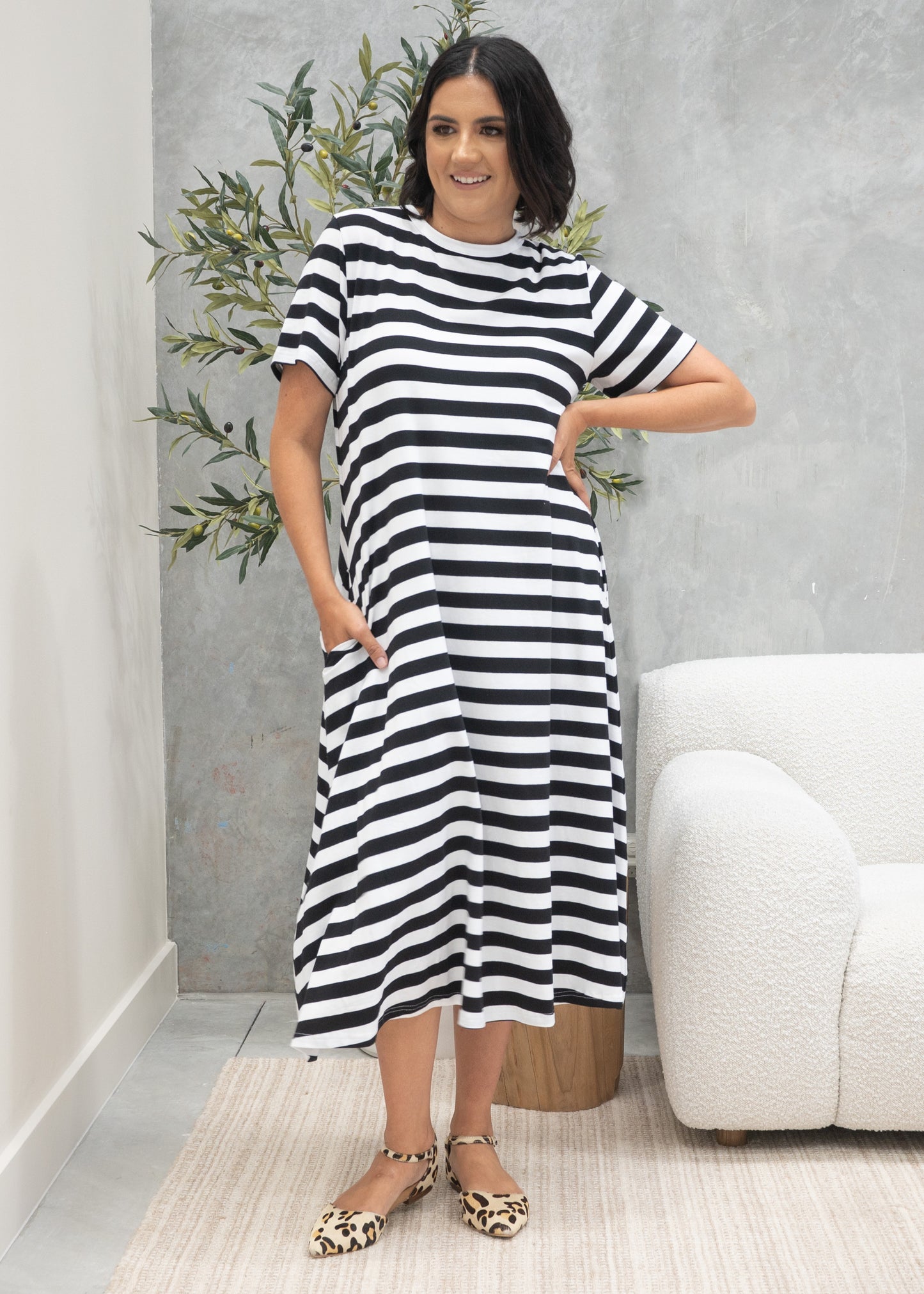 Cotton Jersey Stripe Dress Black/White